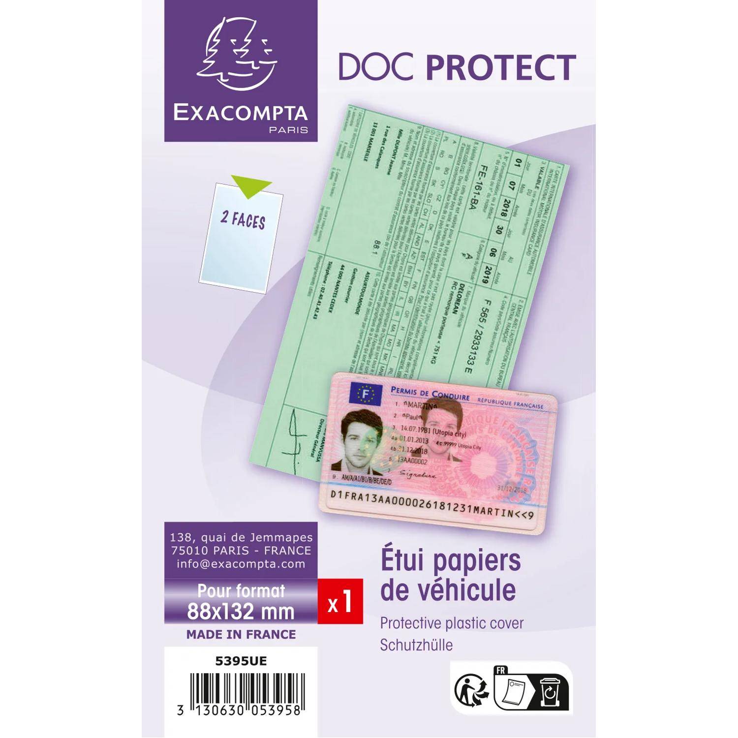 Exacompta 'Doc Protect' Kunststoffhülle für Fahrzeugpapiere, dargestellt mit einem gefalteten grünen Registrierungsdokument und Personalausweis; für das Format 88x132 mm, eine Packung.