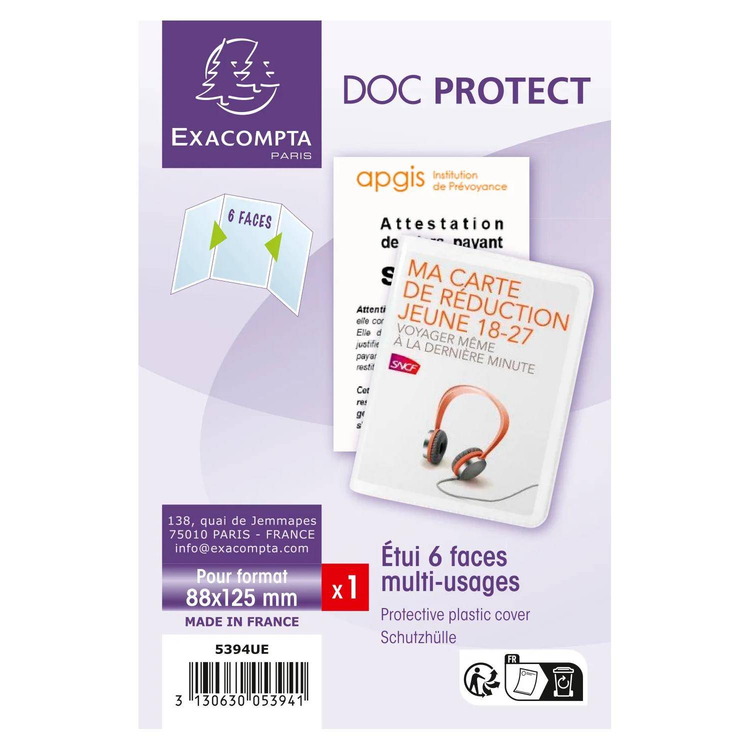 Produktverpackung von Exacompta Paris 'Doc Protect': eine transparente sechsteilige Kunststoffhülle, gezeigt mit Dokumenteinlagen, gekennzeichnet für das Format 88x125 mm.