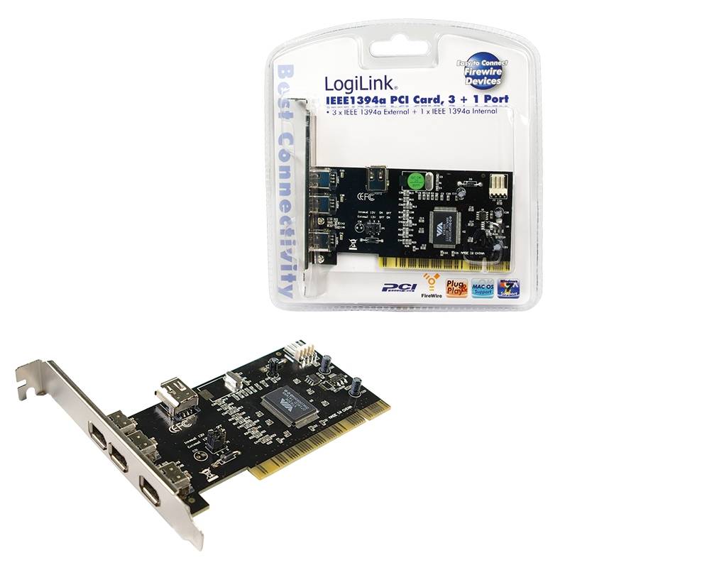 LogiLink IEEE 1394a PCI-Karte abgebildet in der Verpackung und als separate Erweiterungskarte mit drei FireWire-Anschlüssen.