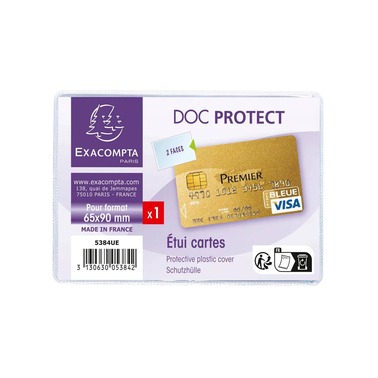 Exacompta Doc Protect transparente Kunststoffkartenhülle für eine Karte, abgebildet mit einer Musterbankarte und Beschriftungen für 2 Seiten und Format 65x90 mm.