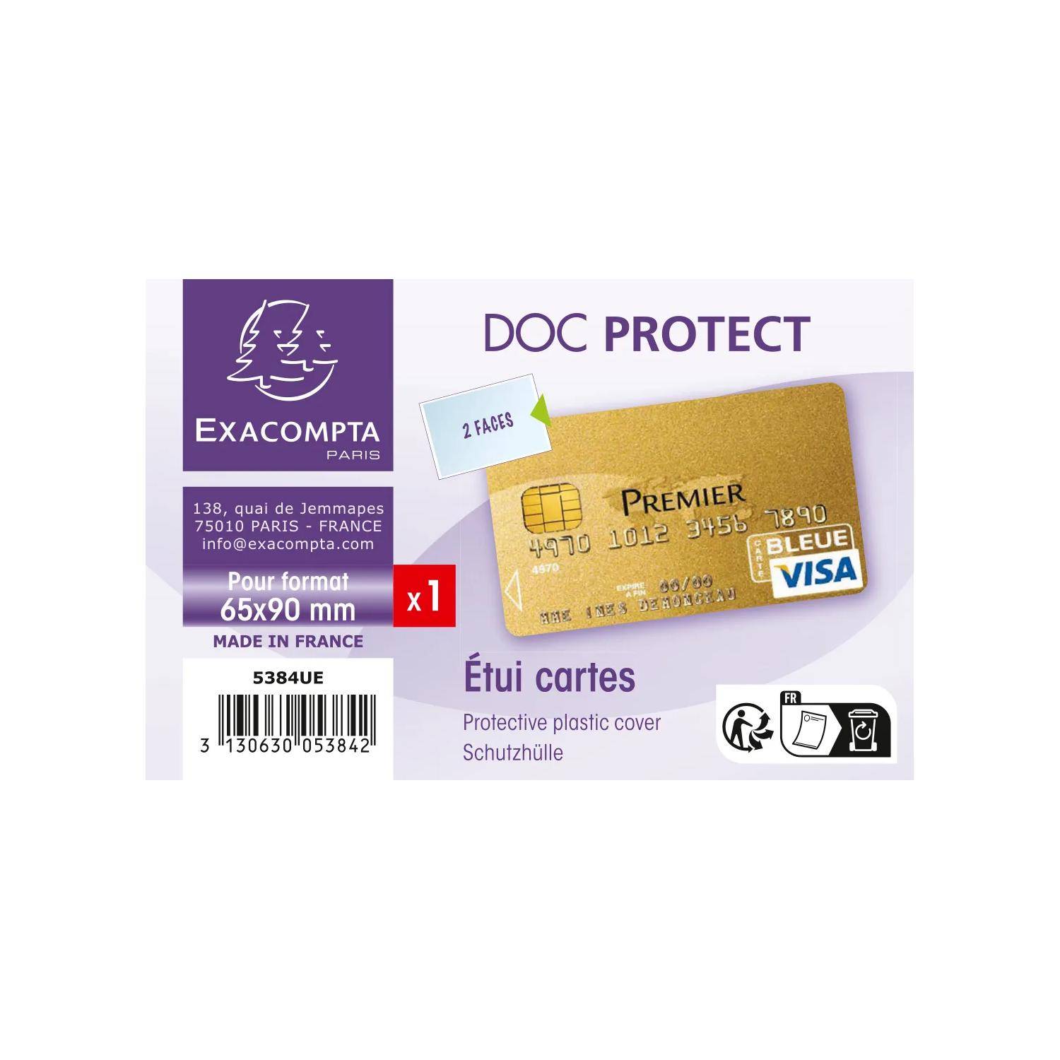 Exacompta Doc Protect transparente Kunststoffkartenhülle für 65x90 mm Karten, gezeigt mit einer Musterbankarte und 2-seitigem Etikett.