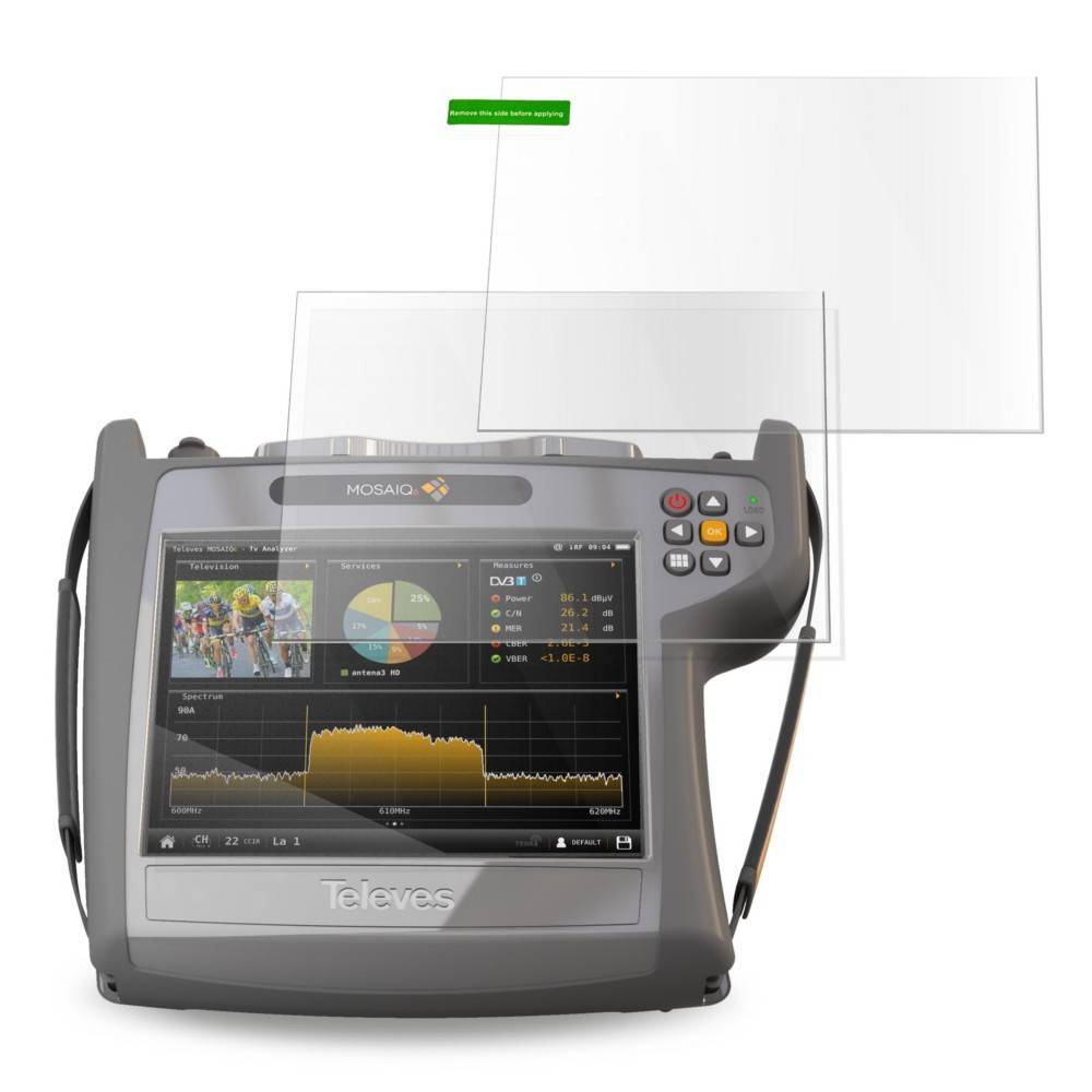 Ein tragbarer digitaler TV-Signalanalysator zeigt verschiedene Messungen und Metriken auf seinem Bildschirm, einschließlich eines Graphen und eines Kreisdiagramms.