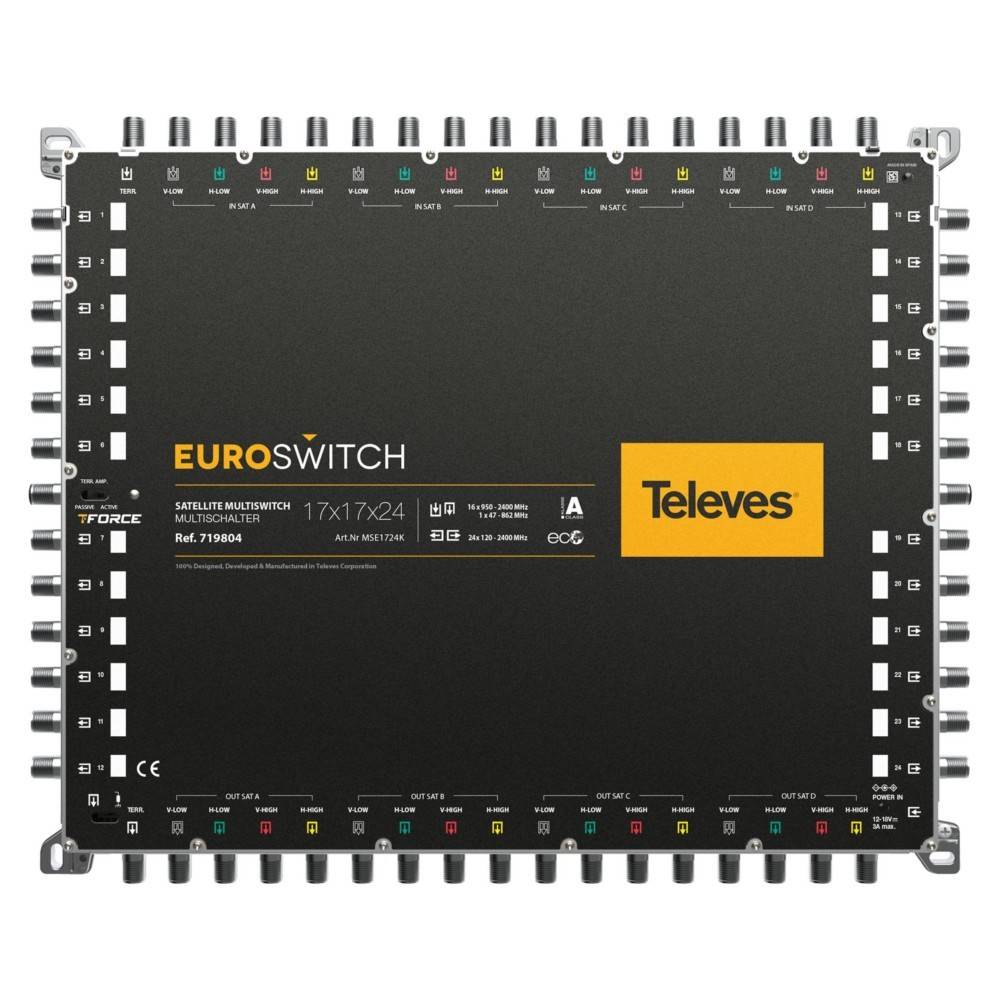 Televes Euroswitch' Satelliten-Multischalter mit 17 Eingängen und 24 Ausgängen. Modellnummer: Ref. 719804. Schwarz mit Anschlüssen an den Seiten.