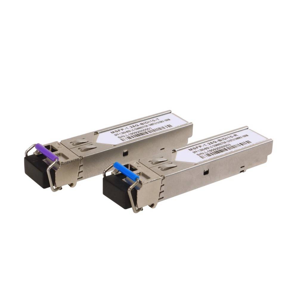 Zwei SFP-Transceiver mit beschrifteten Details, einer mit einem violetten Etikett und der andere mit einem blauen Etikett, verwendet für Netzwerkverbindungen.