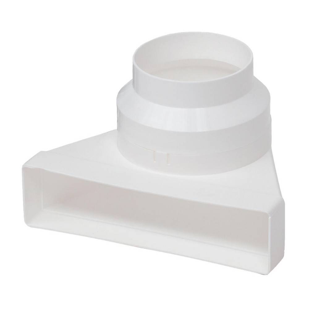 Weiße Kunststoff-HVAC-Kanaladapter-Verbindung mit rechteckiger Öffnung und rundem oberen Flansch auf einfachem Hintergrund.
