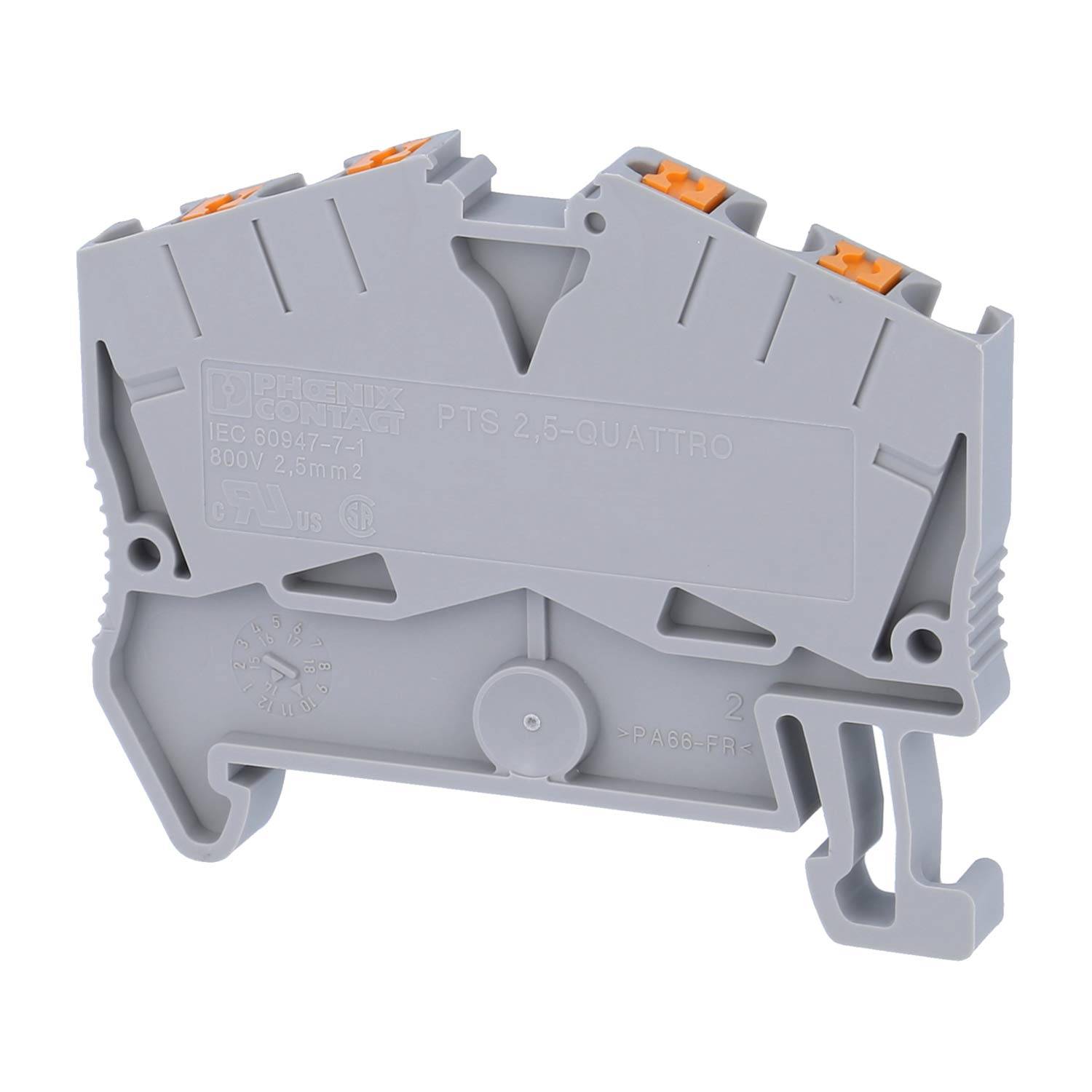 Ein grauer Drahtleiter-Anschlussblock mit orangefarbenen Klipps, der zum Verbinden von Stromkreisen in Geräten und Schalttafeln verwendet wird.