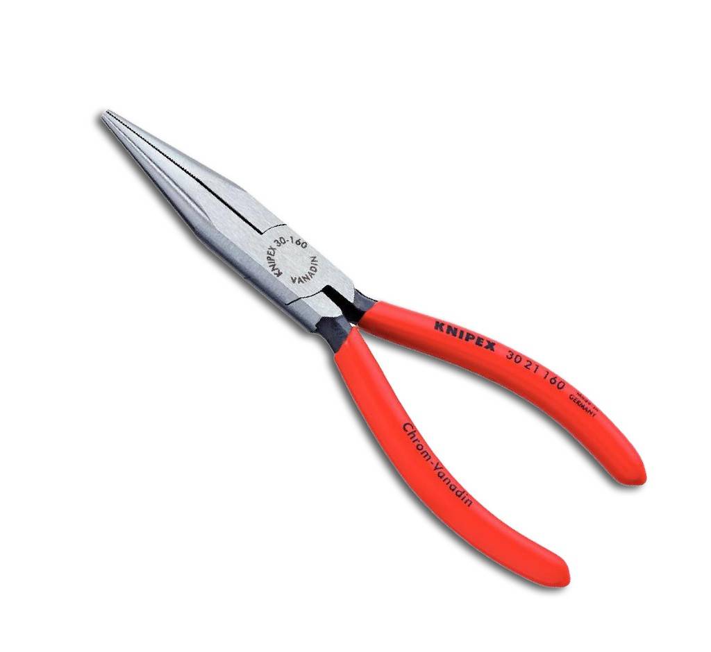 Langzahn-Zangen mit roten Griffen, Marke KNIPEX, auf weißem Hintergrund abgebildet.