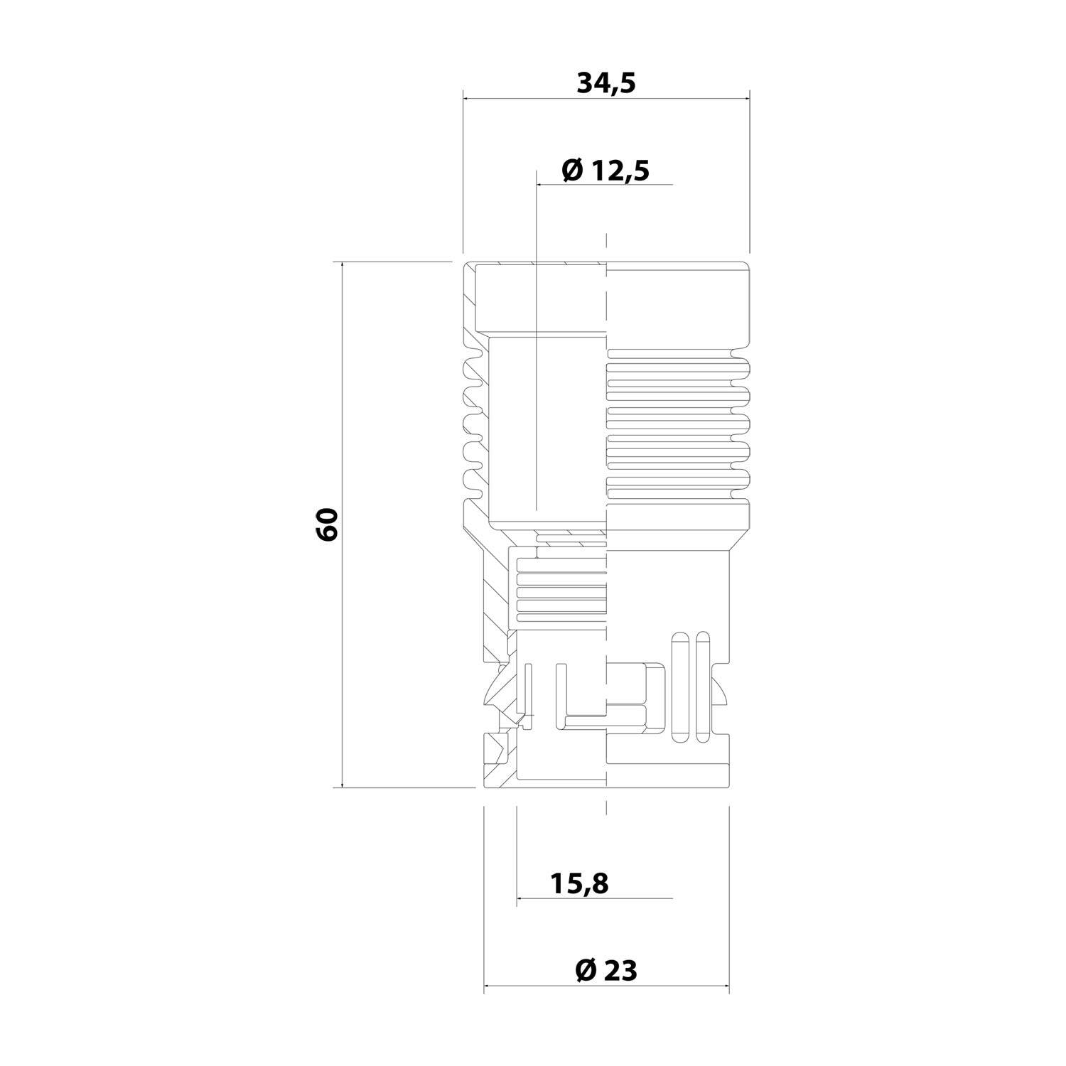 Technische Zeichnung eines zylindrischen Objekts mit Abmessungen. Höhe: 60mm, Breite: 34,5mm, Innendurchmesser: 12,5mm, Basisbreite: 23mm.