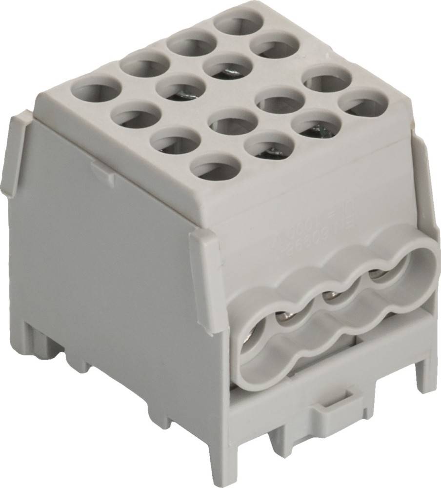 Ein grauer industrieller Anschlussblock mit mehreren kreisförmigen Anschlüssen und Klemmenöffnungen, der für elektrische Verbindungen in Maschinen verwendet wird.