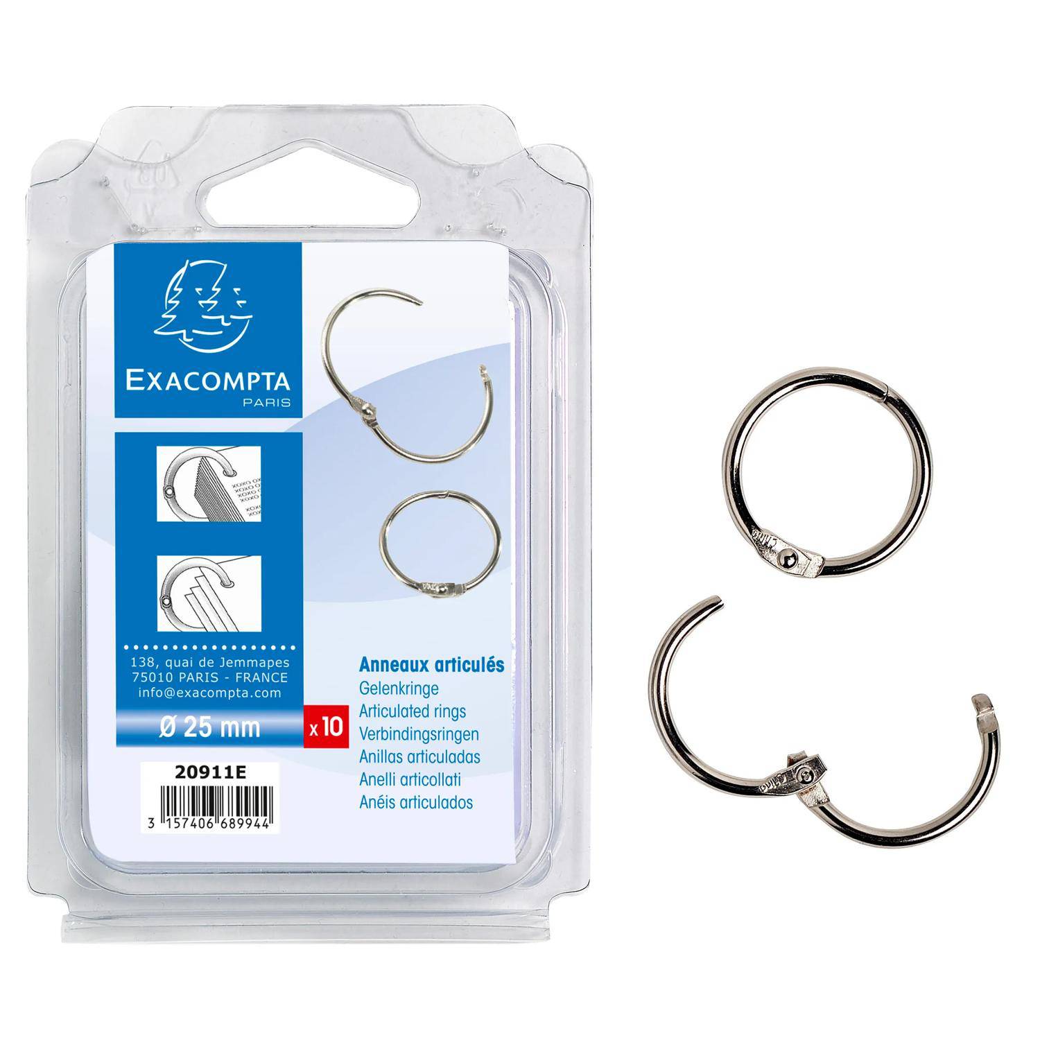 Verpackung für Exacompta Gelenkringe, Größe 25 mm, mit einem offenen Ring und einem geschlossenen Ring neben der Packung.
