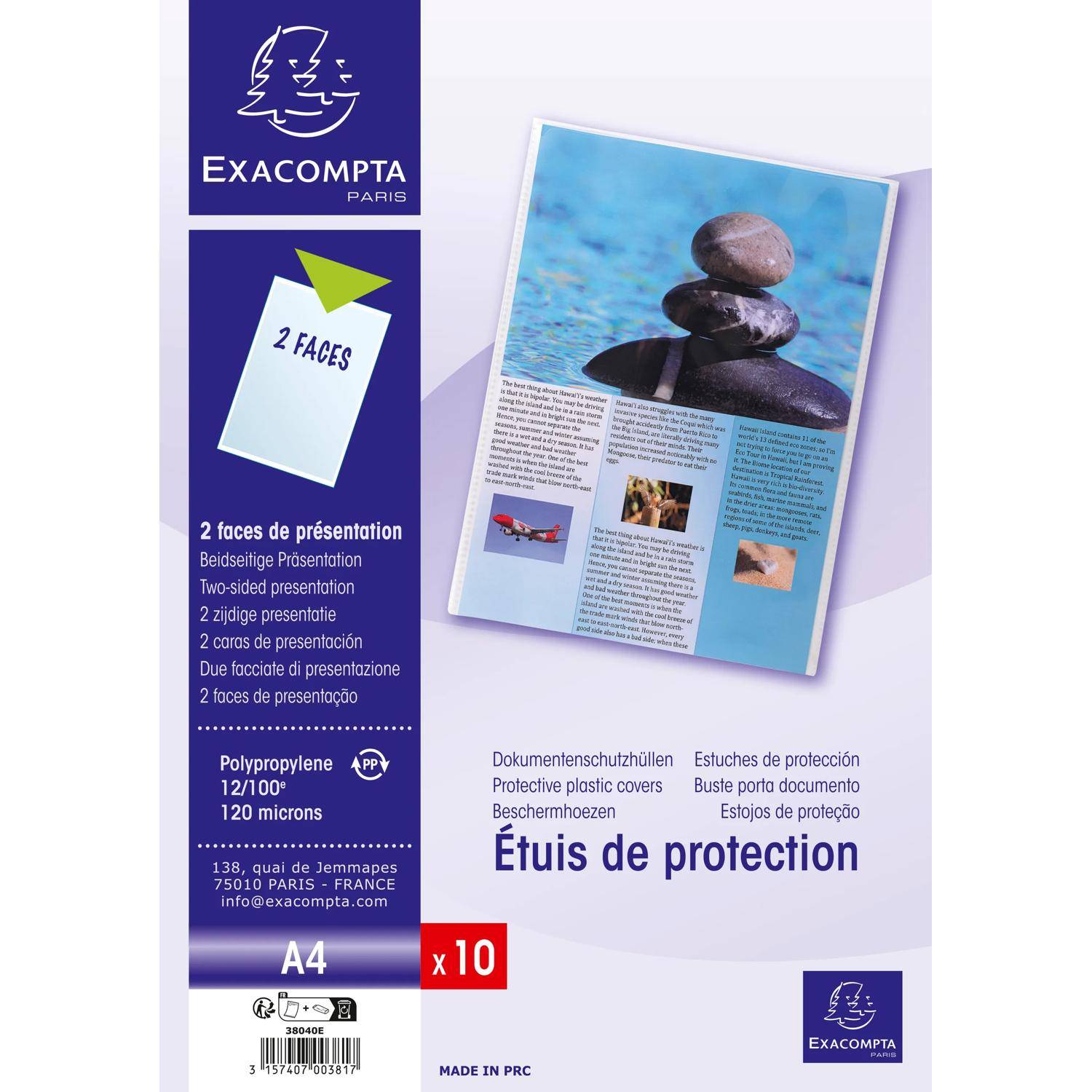 Exacompta A4 Dokumentschutzfolien, 10er-Pack, dargestellt als beidseitige Präsentationshülle.