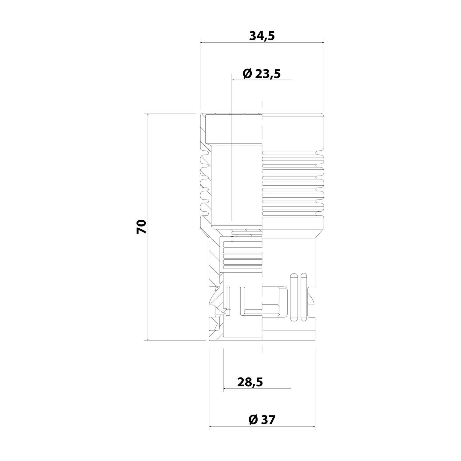 Technische Zeichnung mit Abmessungen einer zylindrischen Komponente. Höhe: 70 mm; oberer Durchmesser: 23,5 mm; unterer Durchmesser: 37 mm; obere Breite: 34,5 mm; Basis-Breite: 28,5 mm.