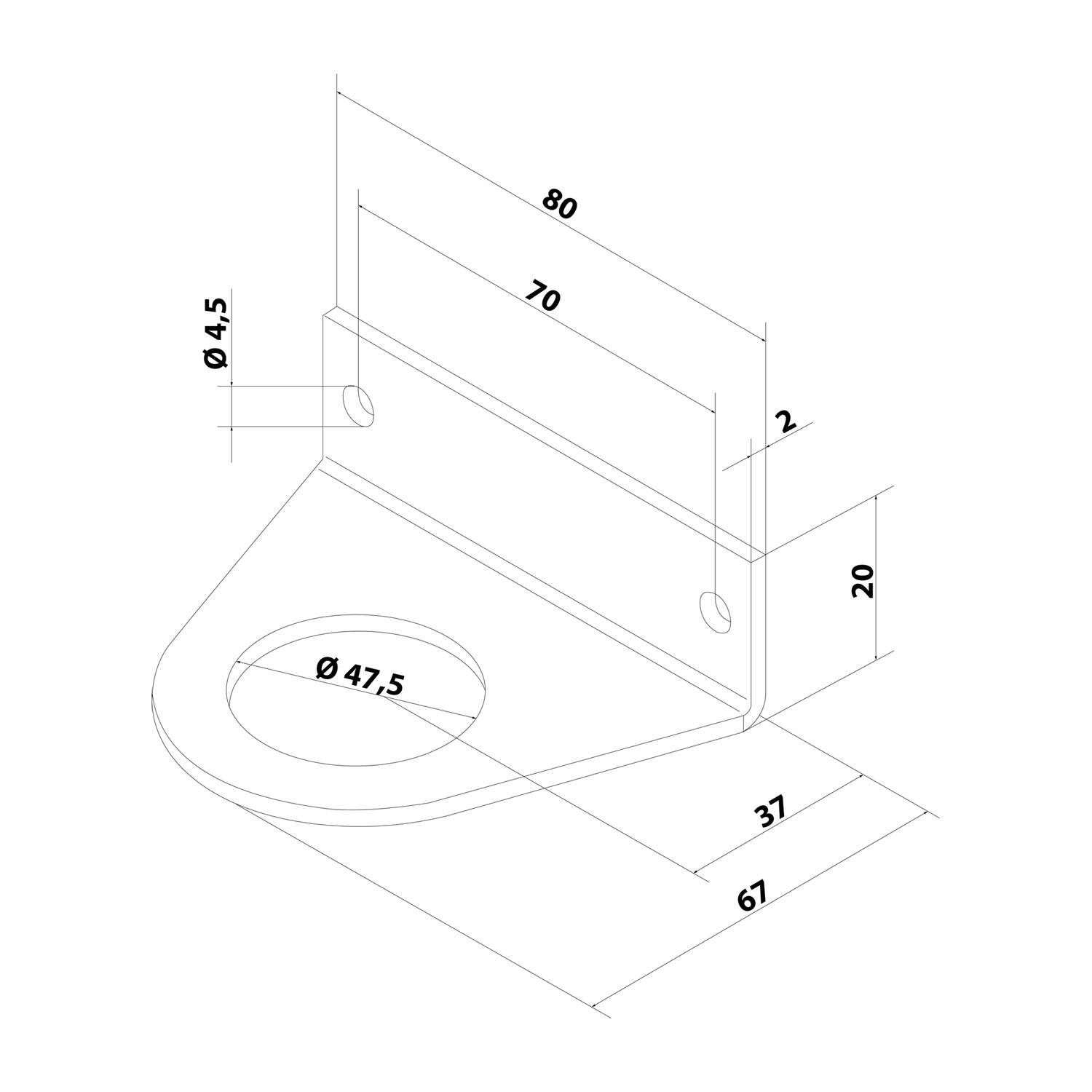 Technische Zeichnung einer Halterung mit kreisförmiger Aussparung, mit folgenden Abmessungen: Höhe 20, Breite 80, Tiefe 67 und Lochdurchmesser 47,5.