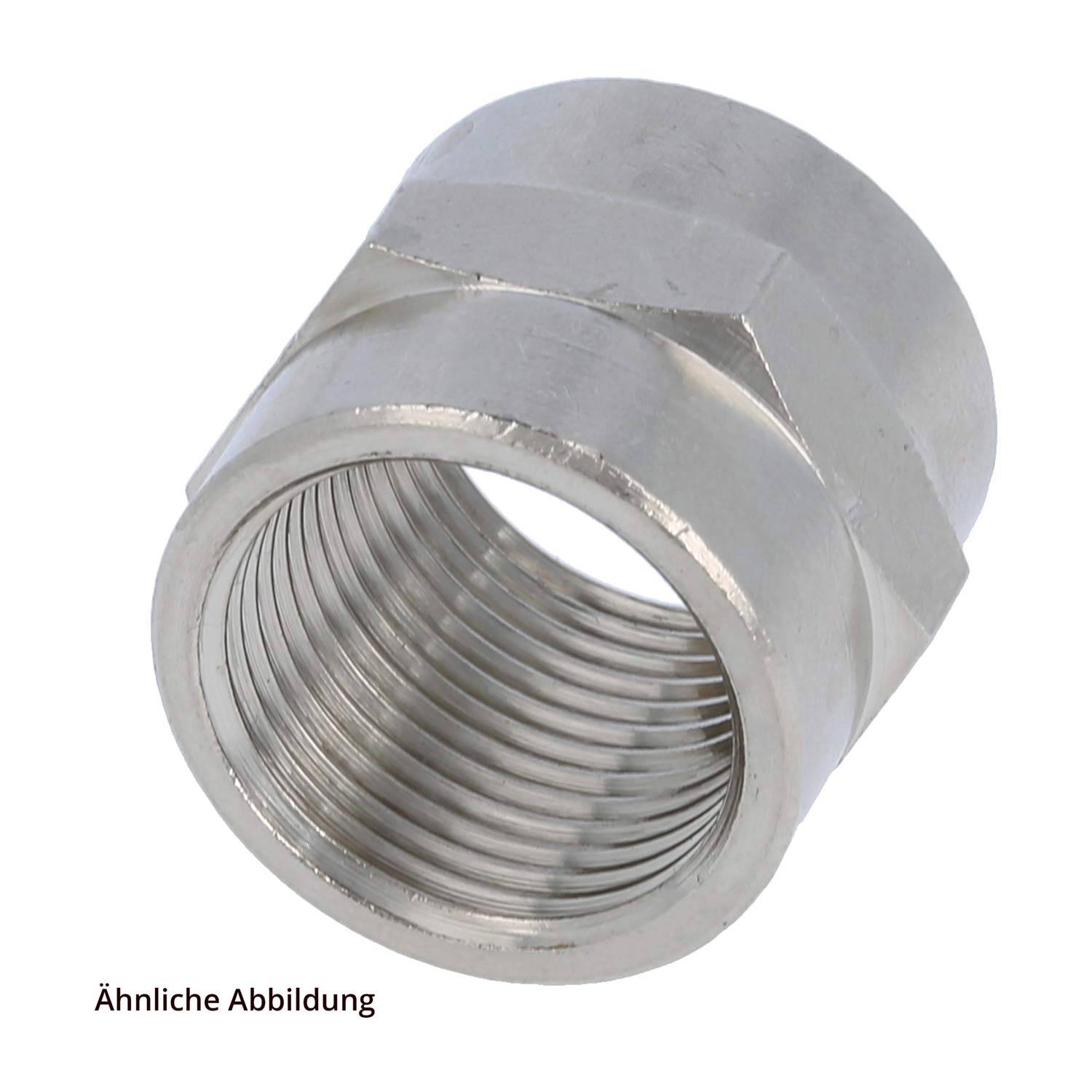 Metallische weibliche Gewindekappe, sechseckige Form, aus einem Winkel fotografiert, wobei das interne Gewinde sichtbar ist.