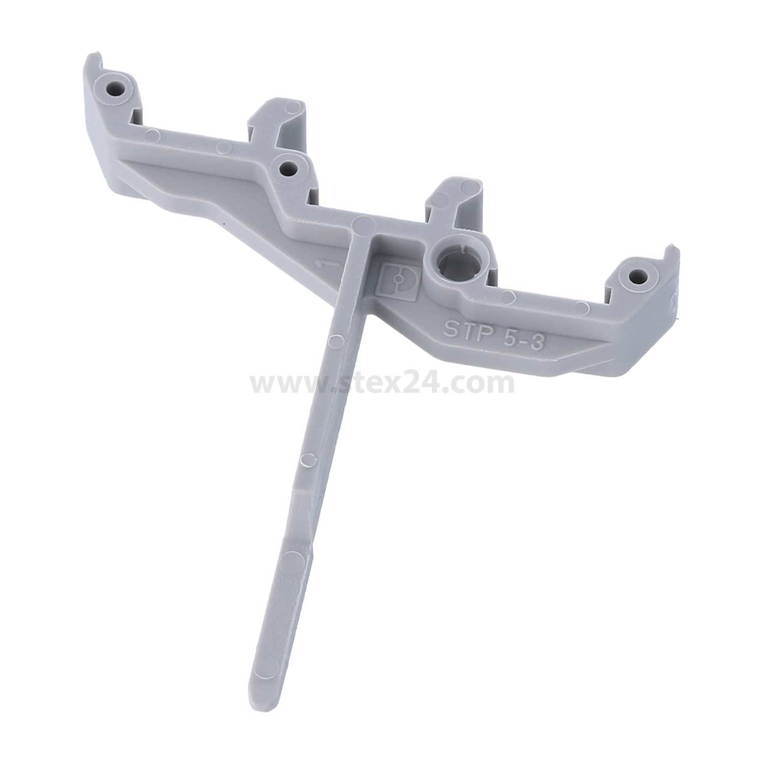 Ein grauer Kunststoff-Nivellierspacer mit T-Form, gekennzeichnet mit 'STP 5-3', wird im Bauwesen zum Ausrichten von Fliesen verwendet.