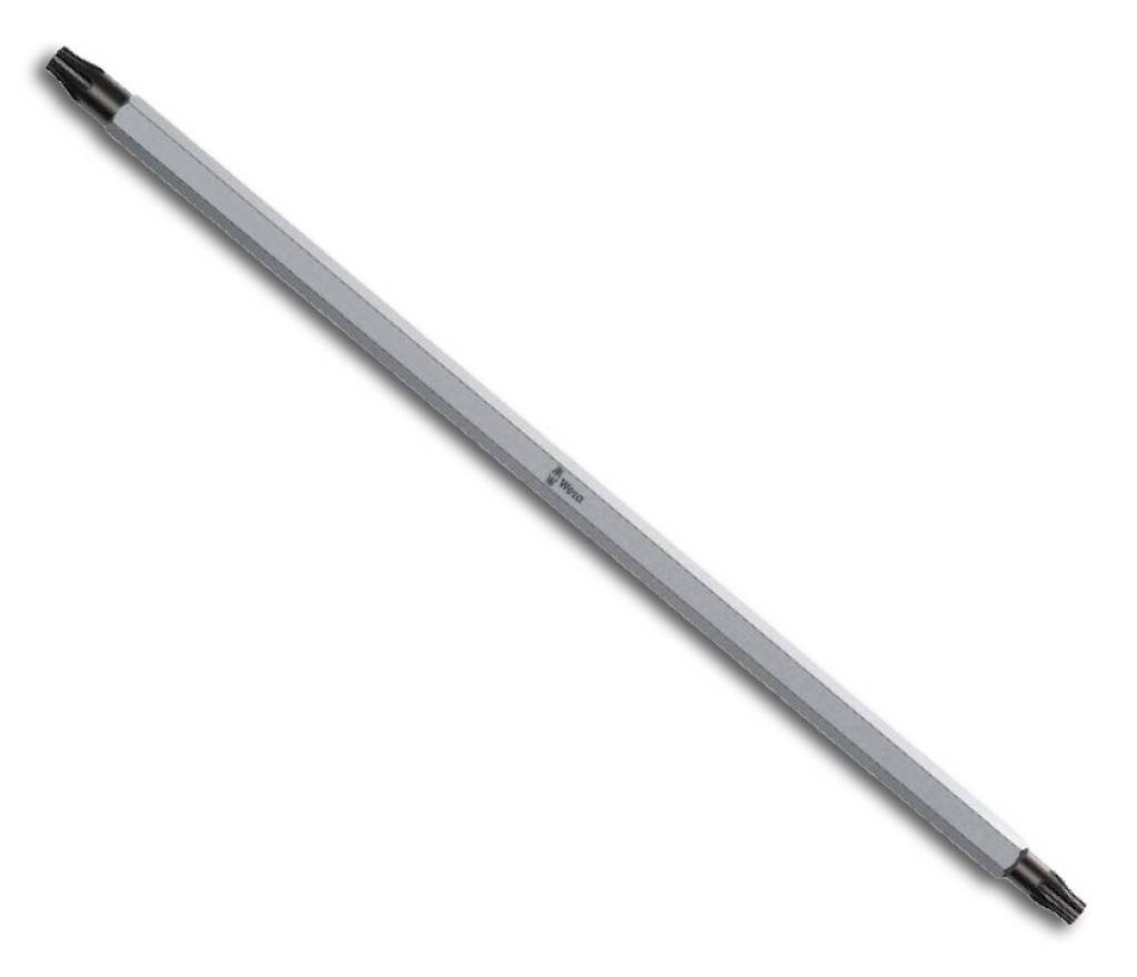 Sechseckige Metall-Stiftmine mit schwarzen Spitzen, diagonal auf weißem Hintergrund dargestellt.