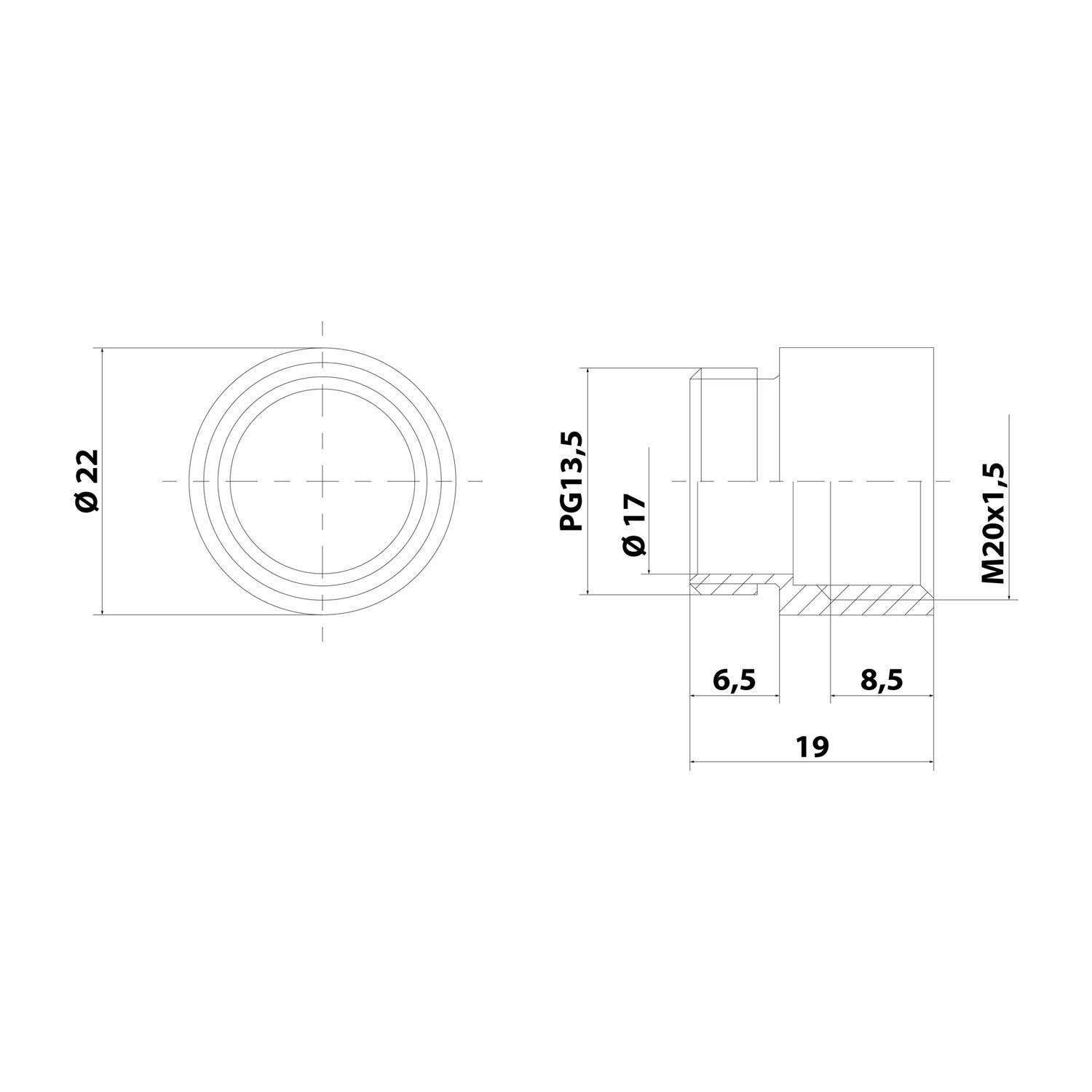 Technische Zeichnung eines zylindrischen Teils mit Seitenansicht und Querschnitt. Die Abmessungen umfassen Ø22, Ø17, Länge 19, PG13.5 und M20x1.5.