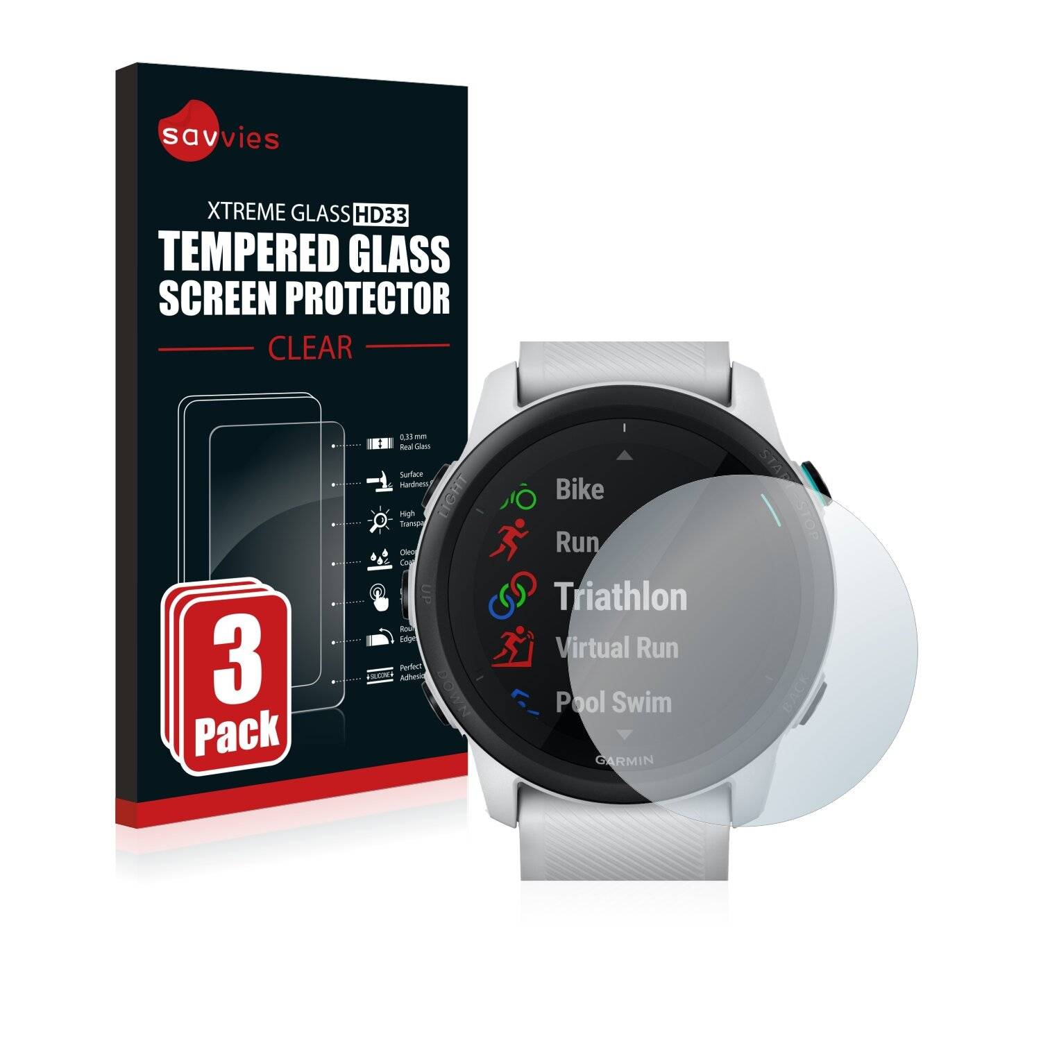 3x Savvies HD33 Clear Schutzglas für Garmin Forerunner