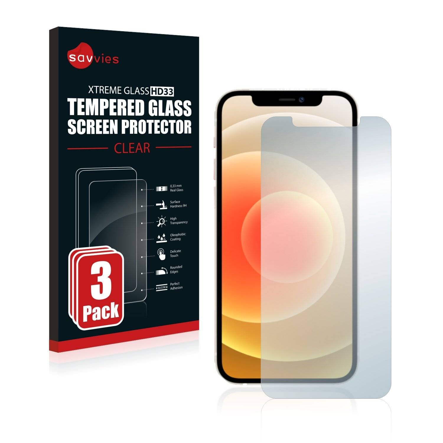 3x Savvies HD33 Clear Schutzglas für Apple iPhone