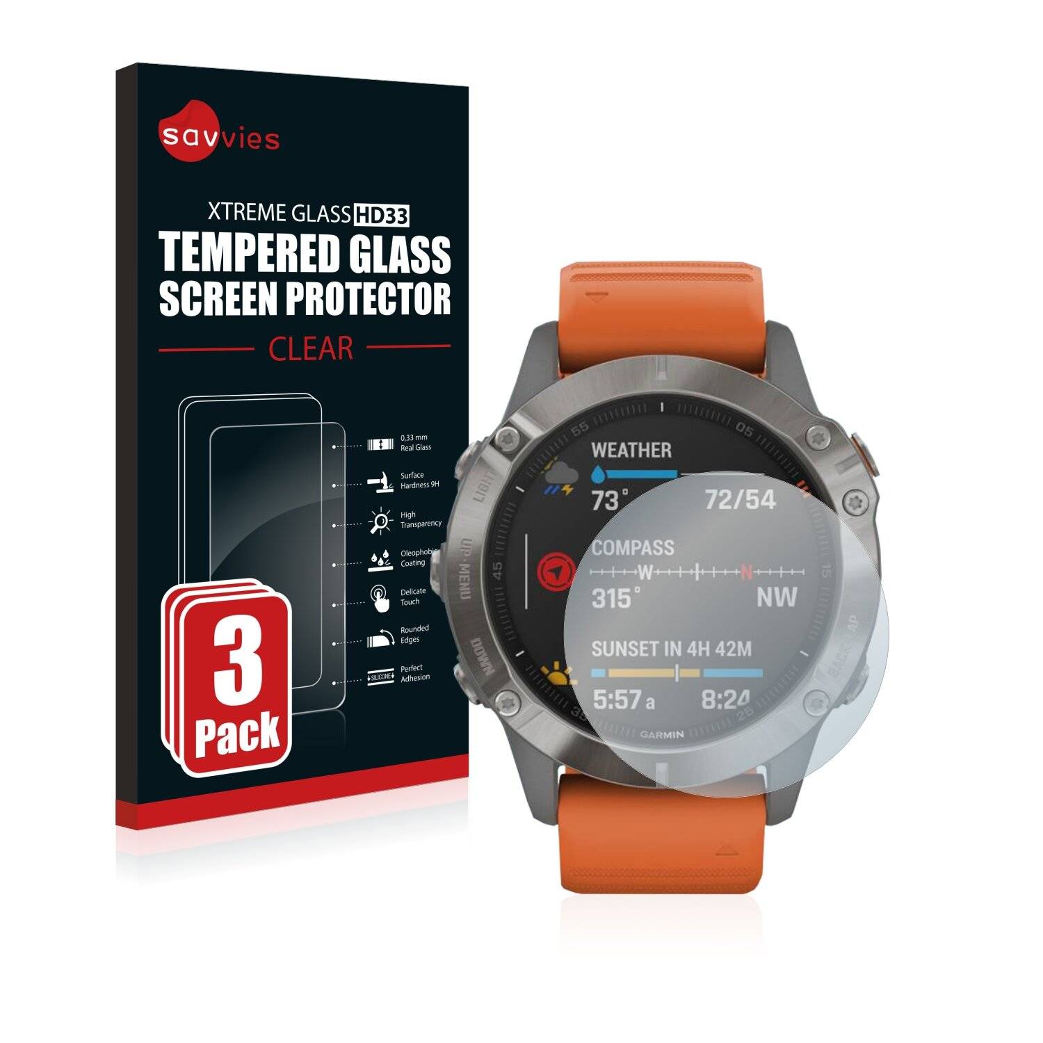 3x Savvies HD33 Clear Schutzglas für Garmin Fenix 6 Pro