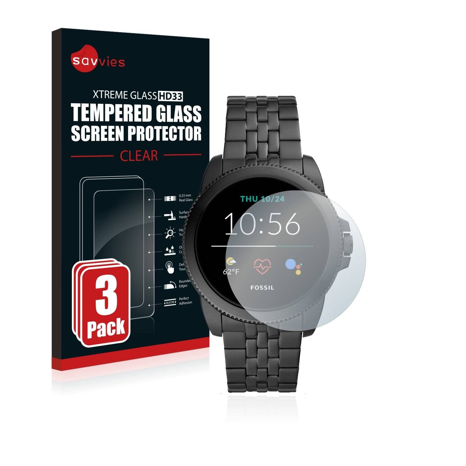 3x Savvies HD33 Clear Schutzglas für Fossil Gen
