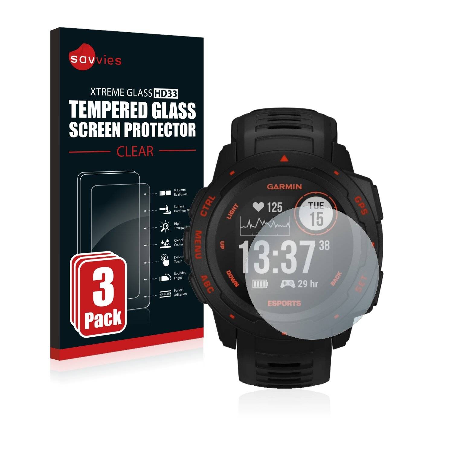 3x Savvies HD33 Clear Schutzglas für Garmin Instinct