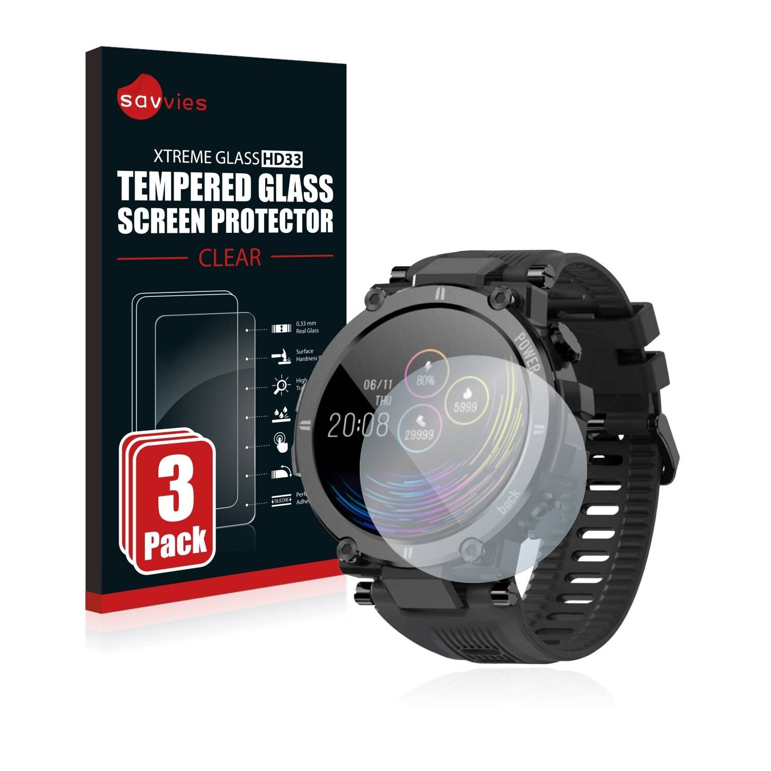 3x Savvies HD33 Clear Schutzglas für Smart-T