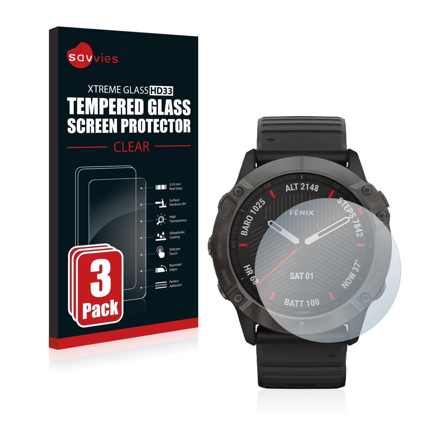 3x Savvies HD33 Clear Schutzglas für Garmin Fenix 6X Pro