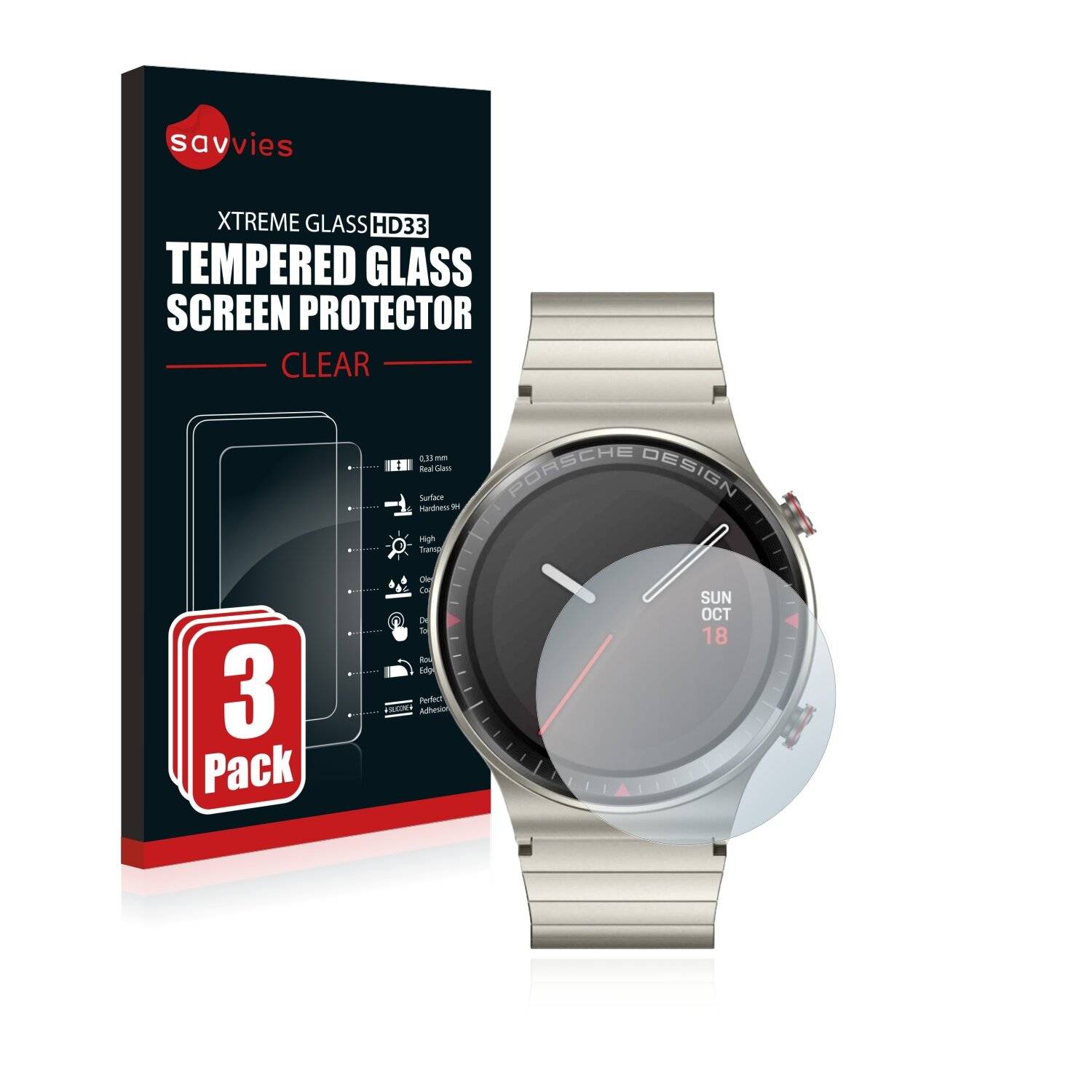 3x Savvies HD33 Clear Schutzglas für Huawei Watch GT 2 Porsche