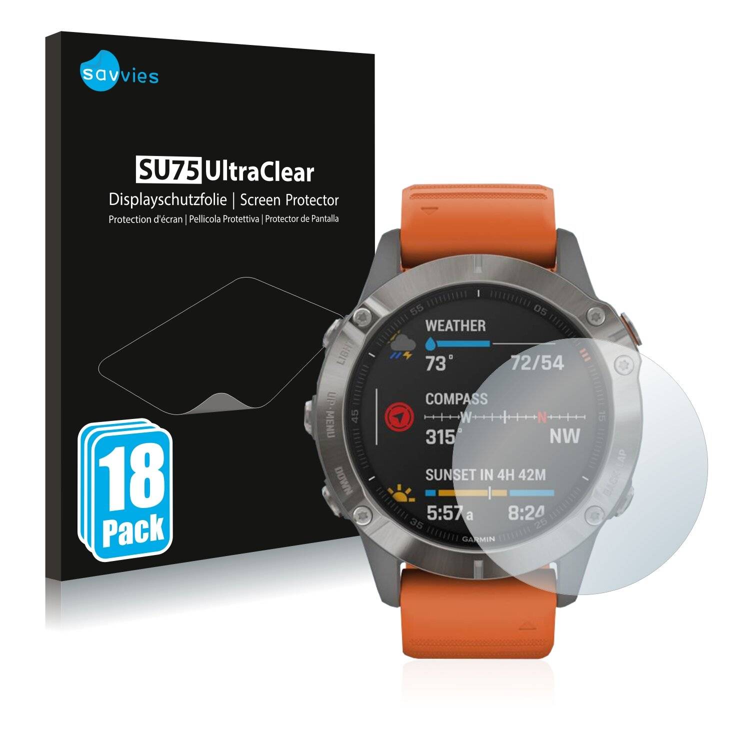 18x Savvies SU75 Displayschutzfolie für Garmin Fenix 6 Pro