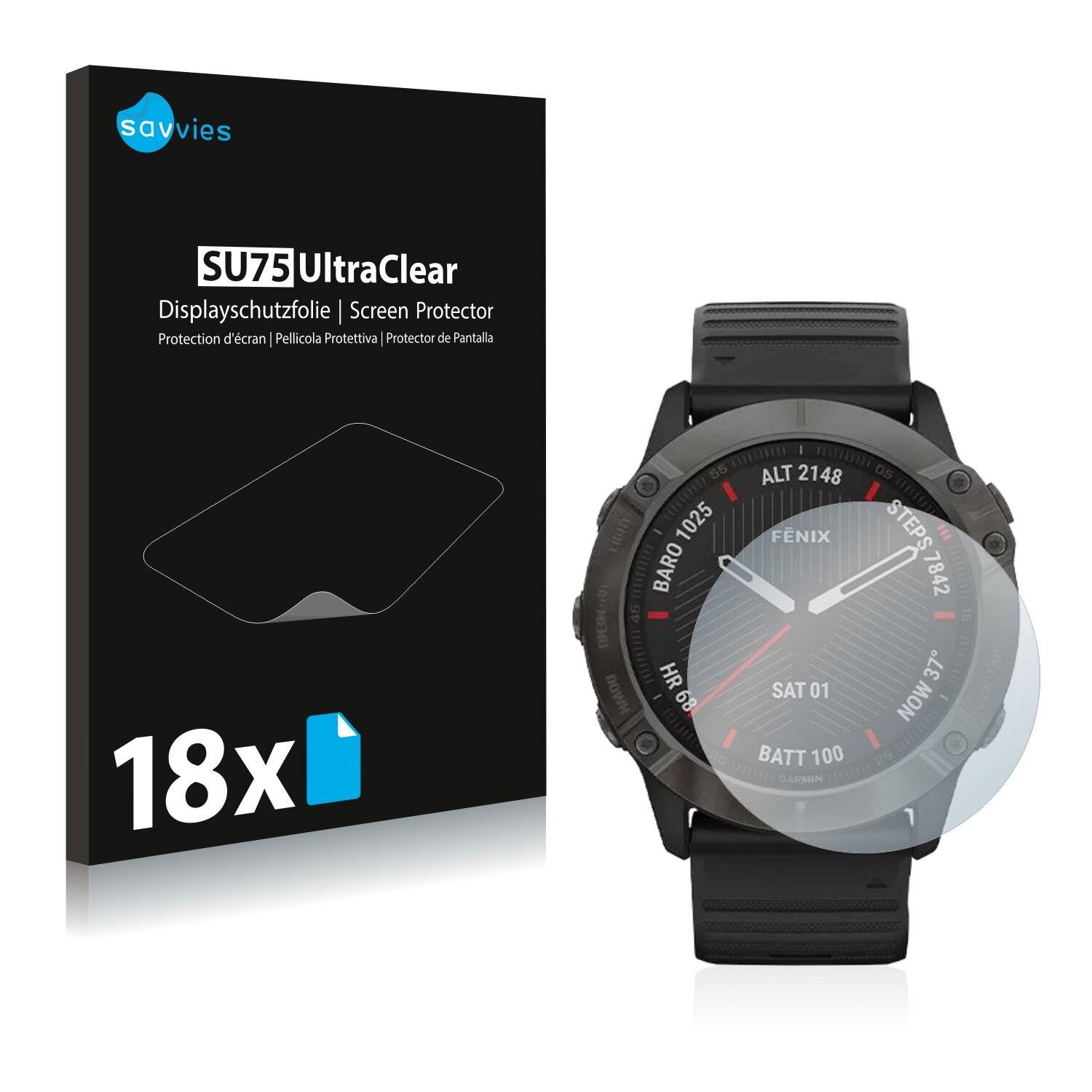18x Savvies SU75 Displayschutzfolie für Garmin Fenix 6X Pro