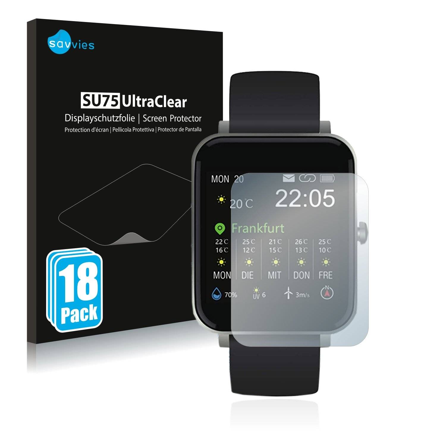 18x Savvies SU75 Displayschutzfolie für Souccess Smartwatch