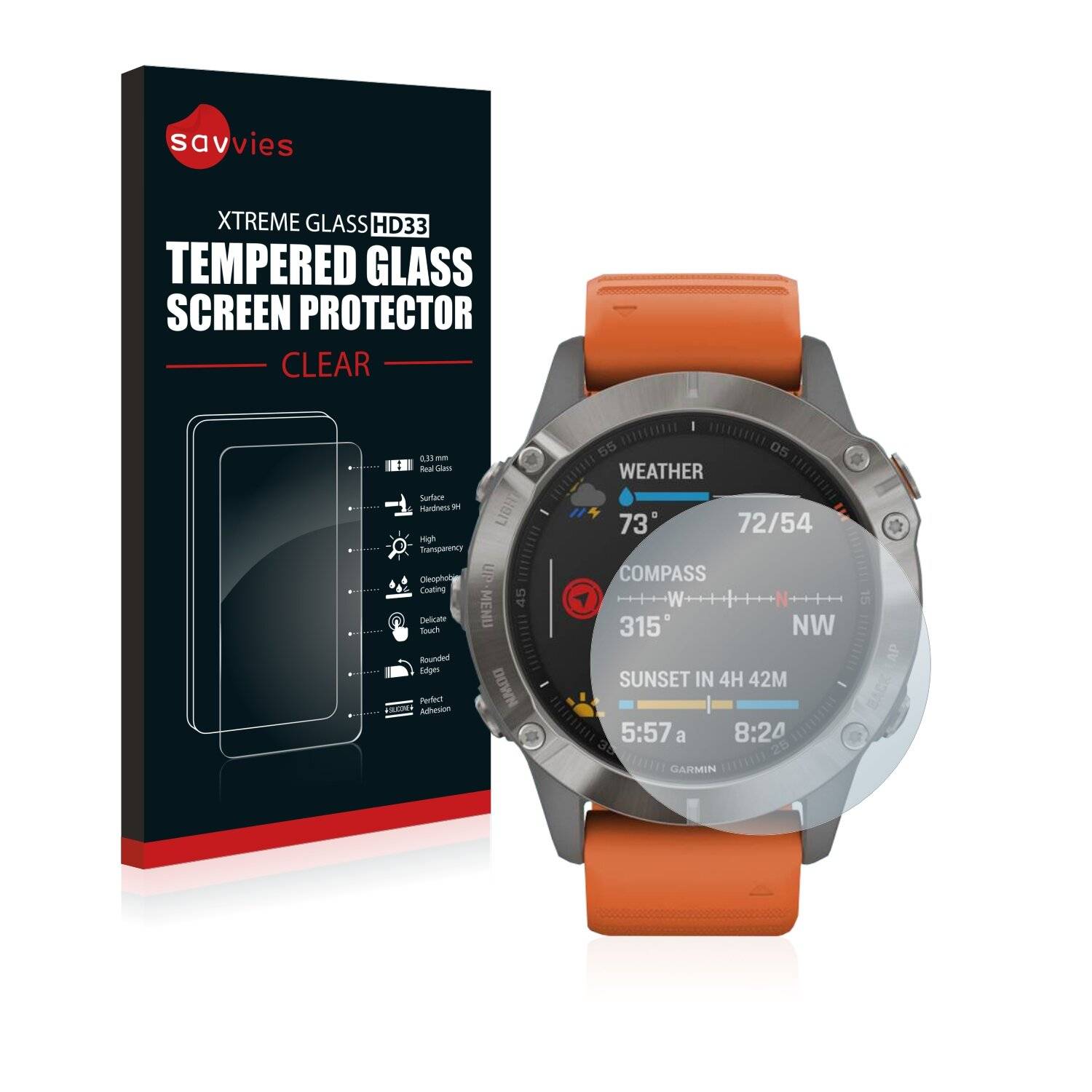 Savvies HD33 Clear Schutzglas für Garmin Fenix 6 Pro