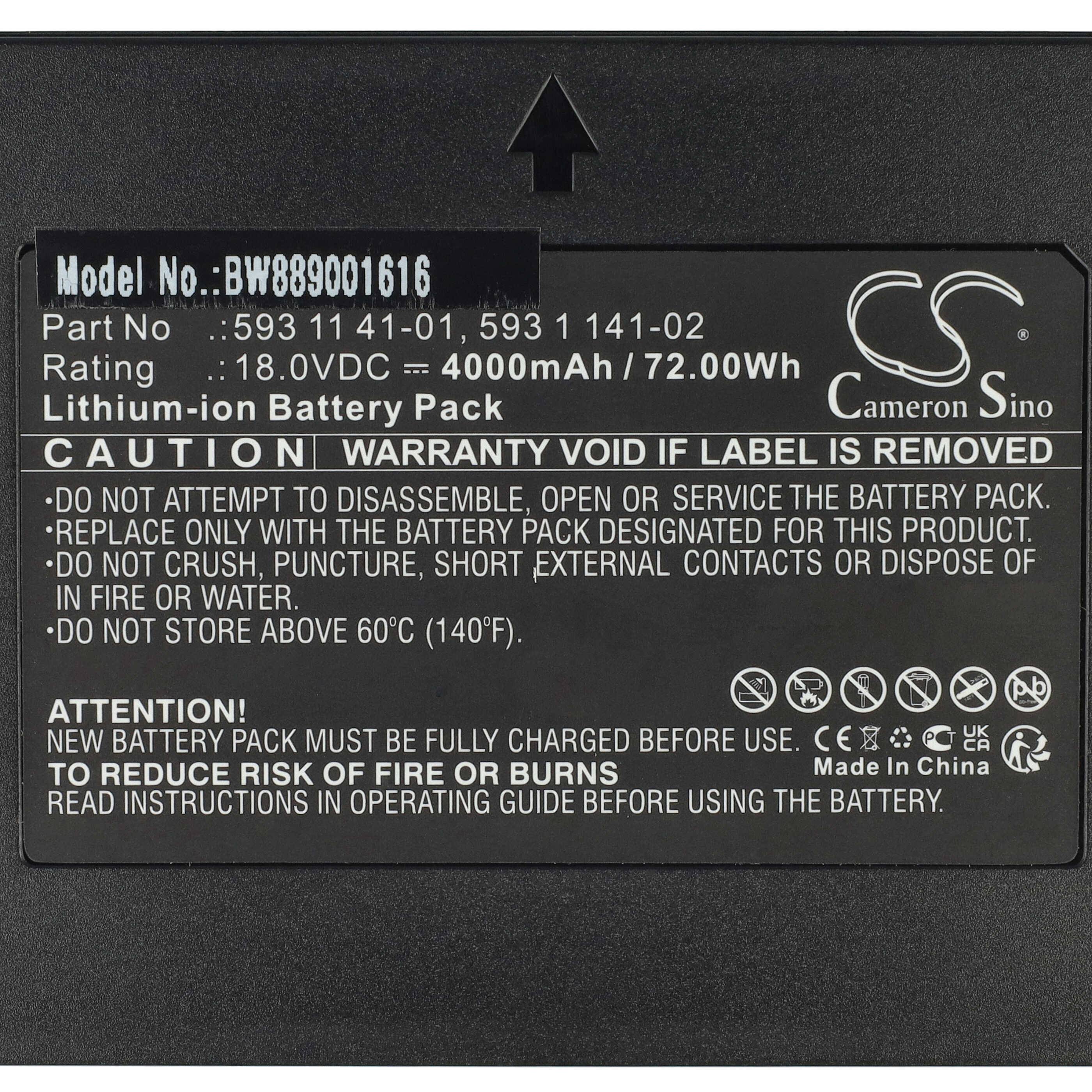 Lithium-Ionen-Batteriepack. Modell BW889001616. Nennwerte: 18,0 V Gleichstrom — 4000 mAh/72,00 Wh. Vorsicht: Überhitzung, Quetschung und Feuereinwirkung vermeiden.