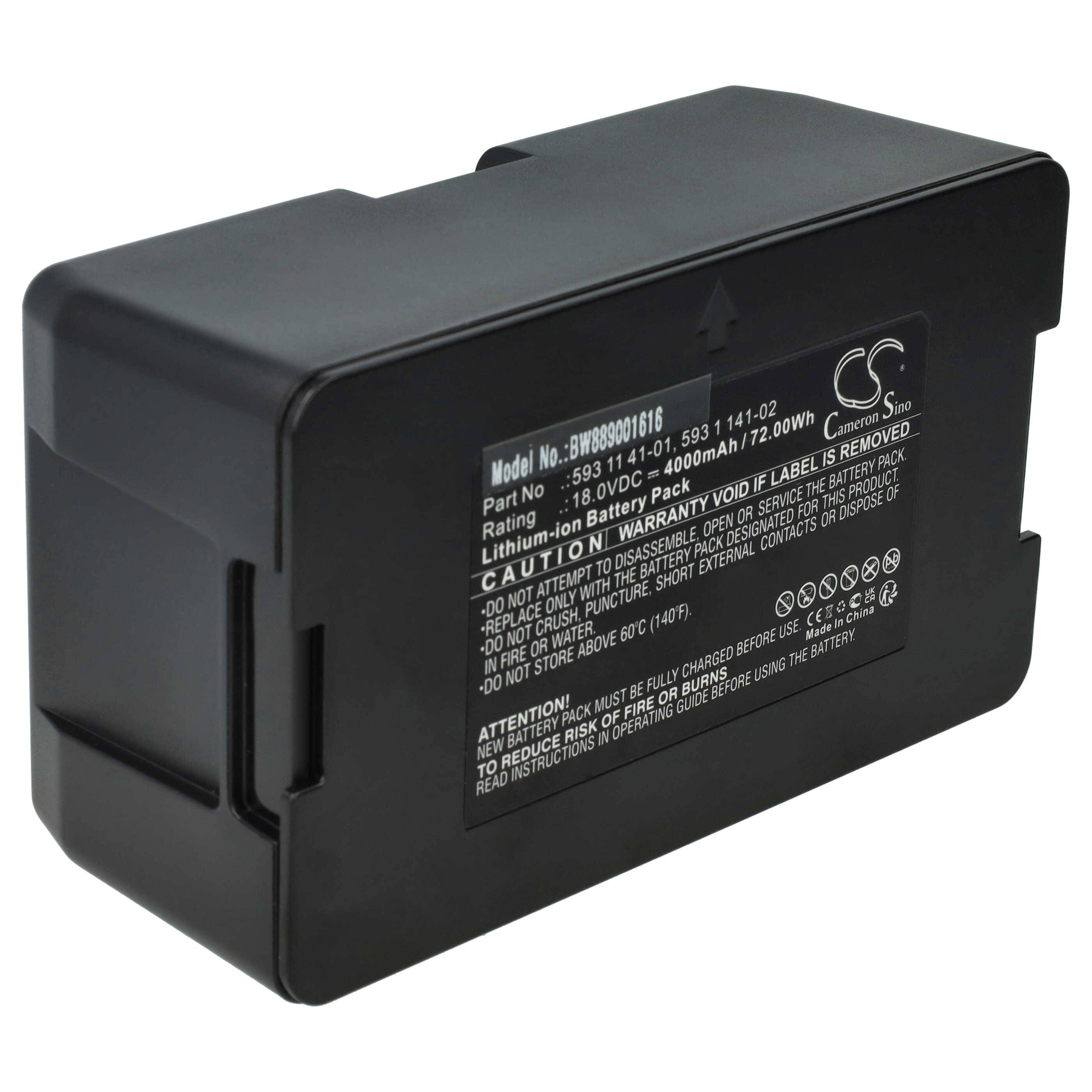 Ein schwarzes Lithium-Ionen-Akkupack mit Text, der Modell- und Teilenummern angibt, 7,4V, 6000mAh Kapazität und Garantieinformationen.
