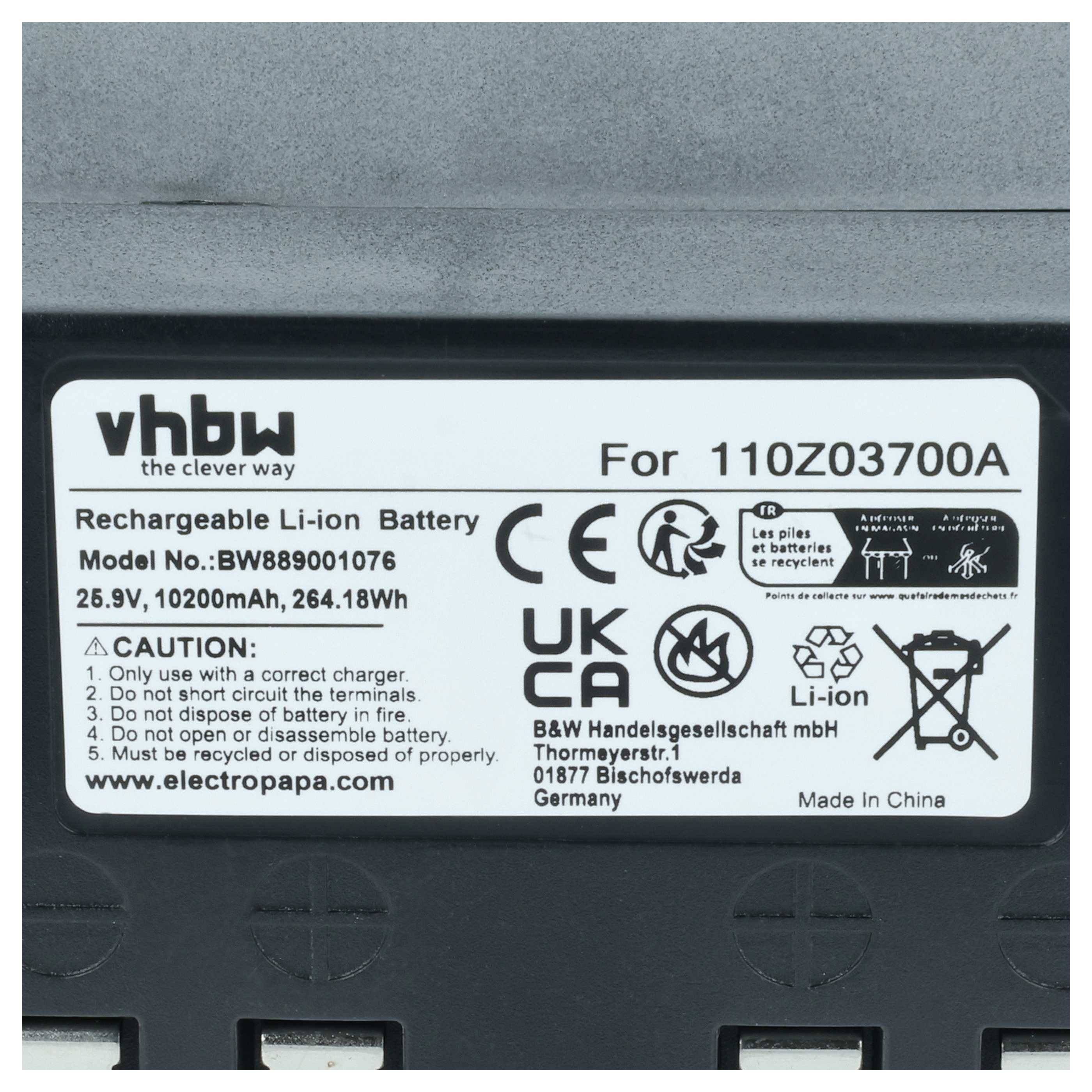 vhbw Akku kompatibel mit Wiper Runner A1, Runner Xe, Runner X, R Xe, Runner Xp, Runner Xkh Rasenroboter Rasenmäher (10,2Ah, 25,9V Li-Ion)