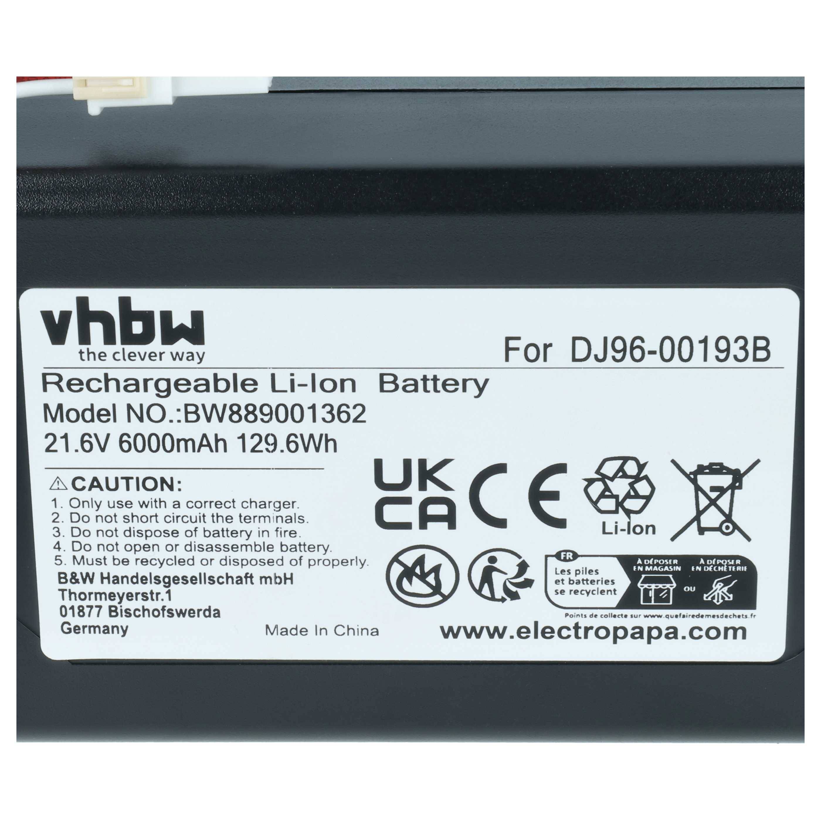 vhbw 1x Akku kompatibel mit Samsung Powerbot R7040, R7090, R7070, SR20J9259U, R7065, SU20J9259U Staubsauger (6000 mAh, 21,6 V, Li-Ion)