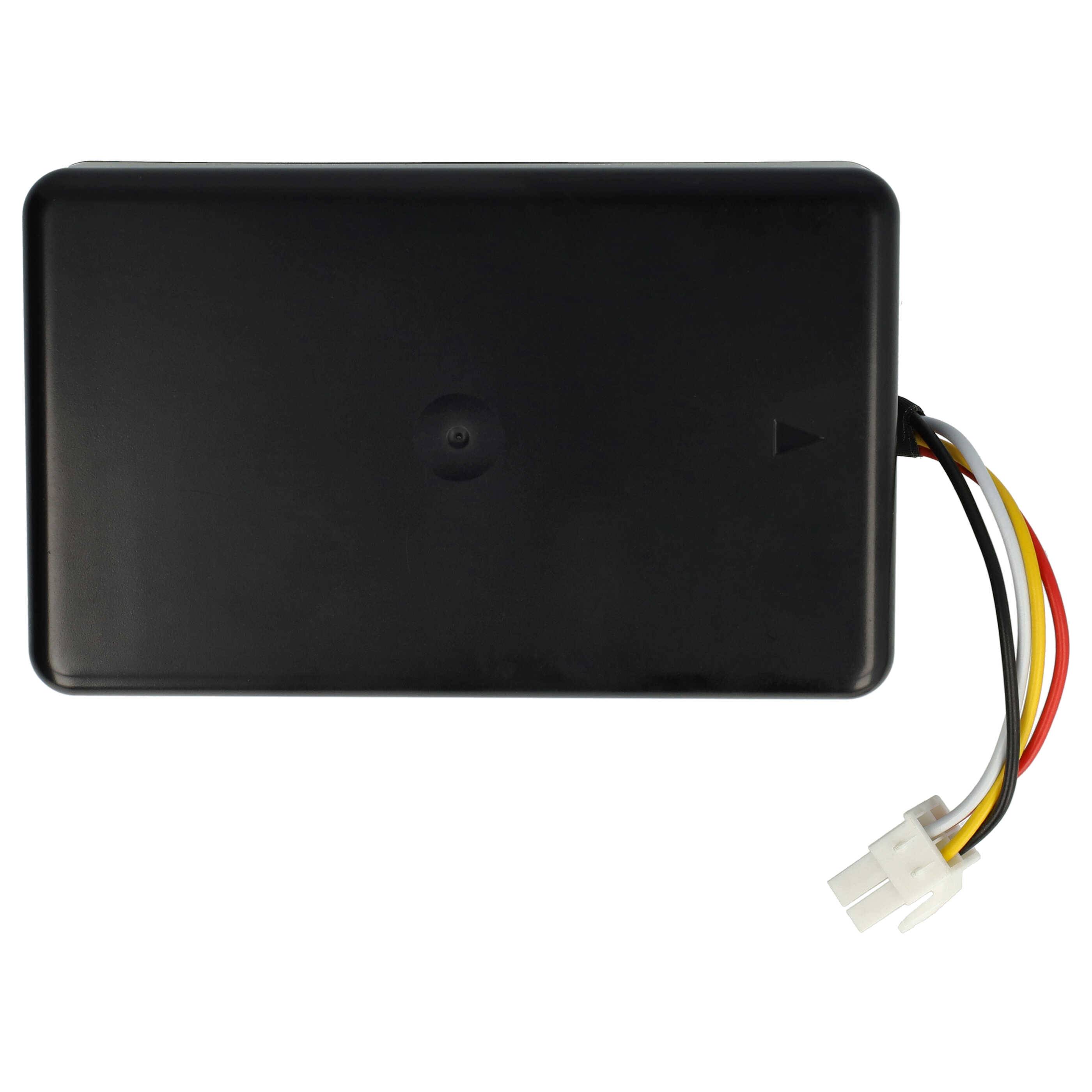 Ein schwarzes rechteckiges Batteriepack mit angeschlossenem Kabelbaum, mit roten, schwarzen und gelben Drähten, die in einem Kunststoffstecker enden.