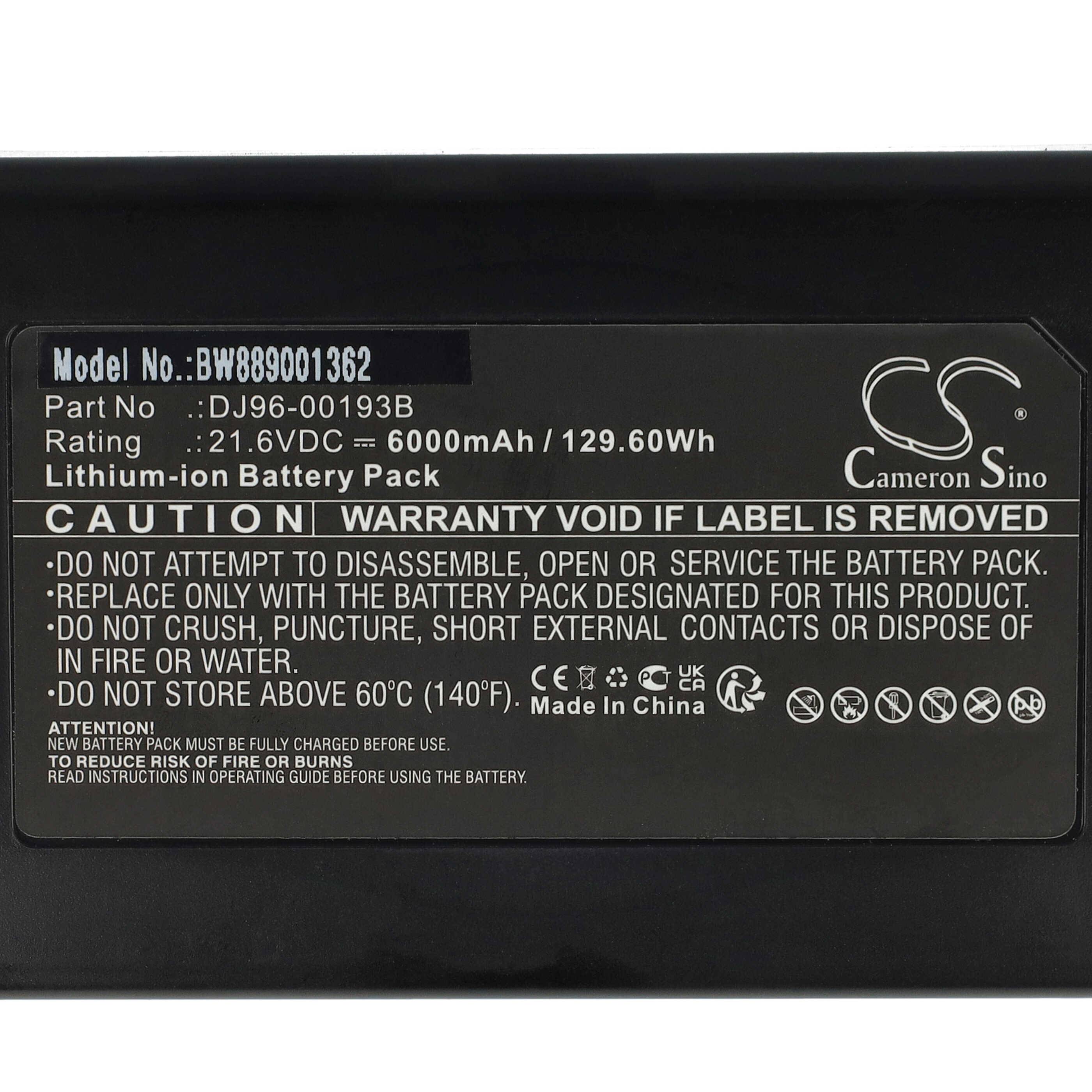 Akkupack-Etikett mit Modell 'BW88001362', Spannung '21,6VDC', Kapazität '6000mAh/129,60Wh'. Enthält Vorsichtswarnungen und Herstellungsdetails.