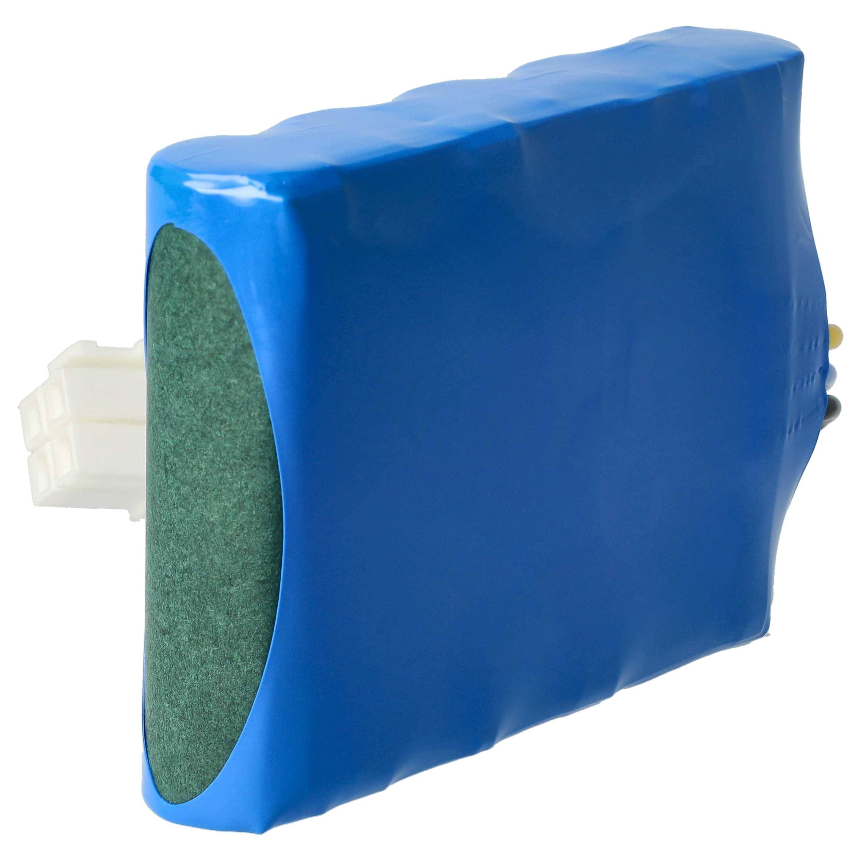 Ein blauer rechteckiger Lithium-Batteriepack mit einem weißen Anschluss an einem Ende, umwickelt mit schutzendem blauen Material.