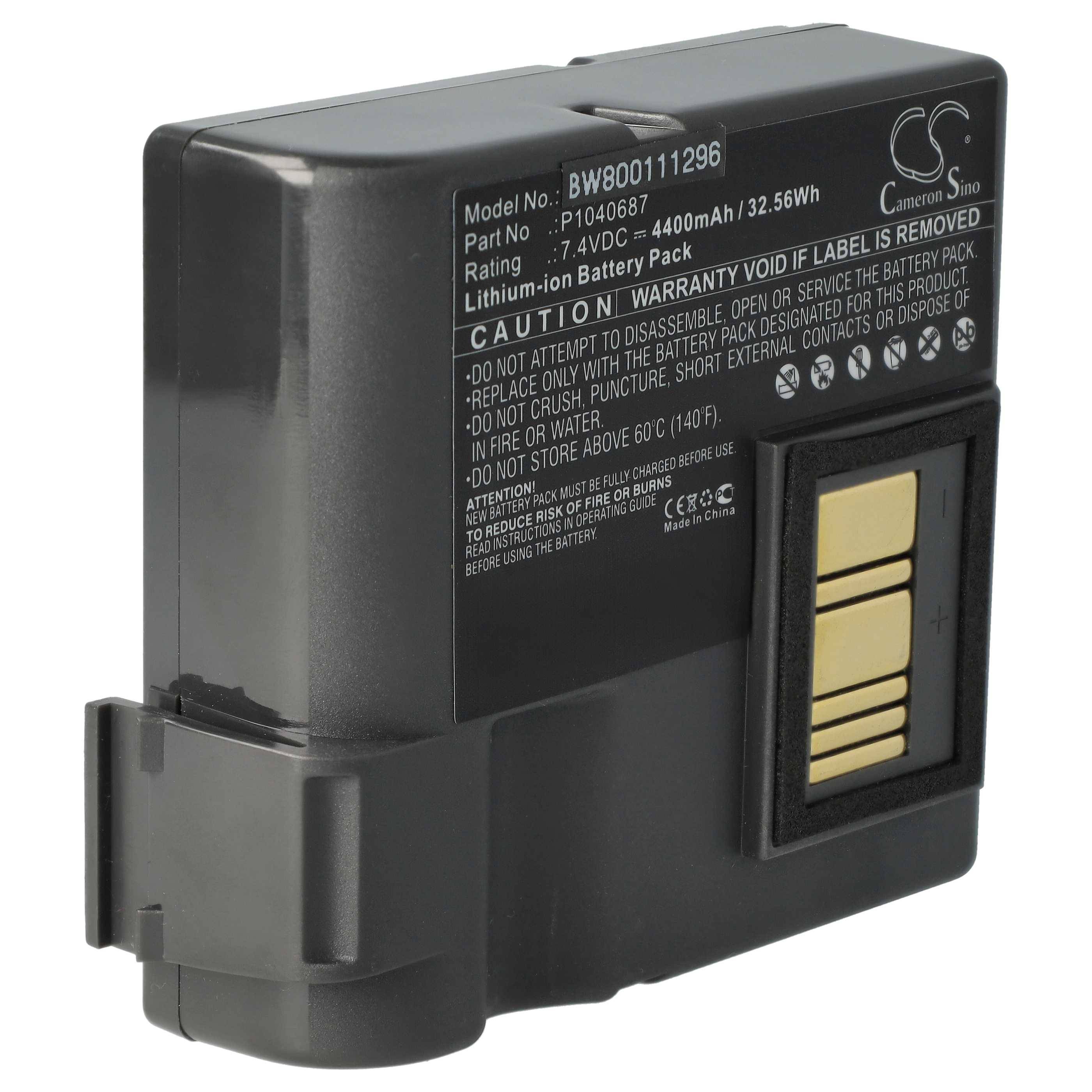 Ein rechteckiger schwarzer Lithium-Ionen-Akkupack mit goldenen Kontaktpunkten und Warnhinweisen zur Garantie und Verwendung auf dem Etikett.