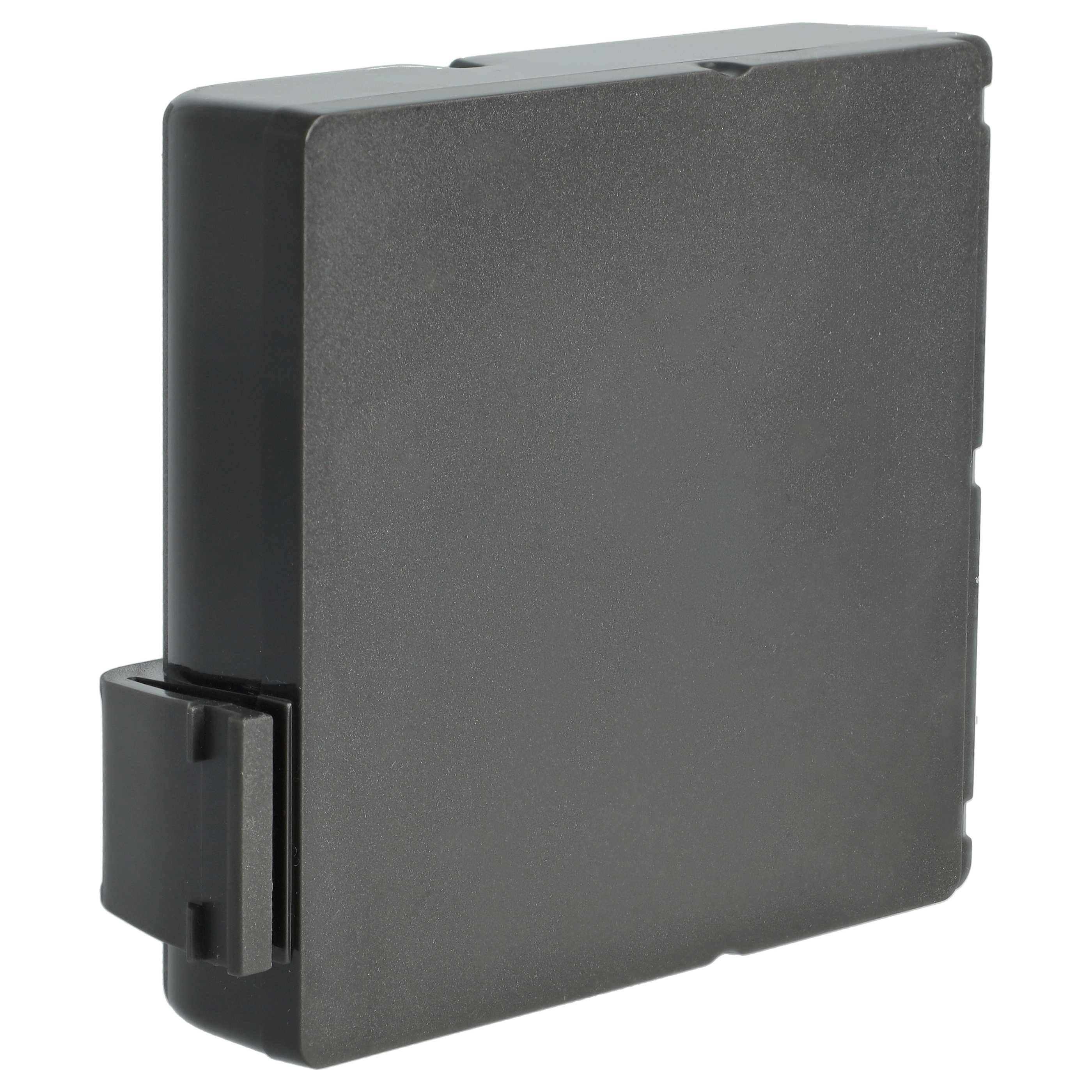 Eine schwarze rechteckige Batteriebox mit einer glatten Oberfläche und einem Anschlussschlitz an der Seite, die zum Stromversorgen elektronischer Geräte verwendet wird.