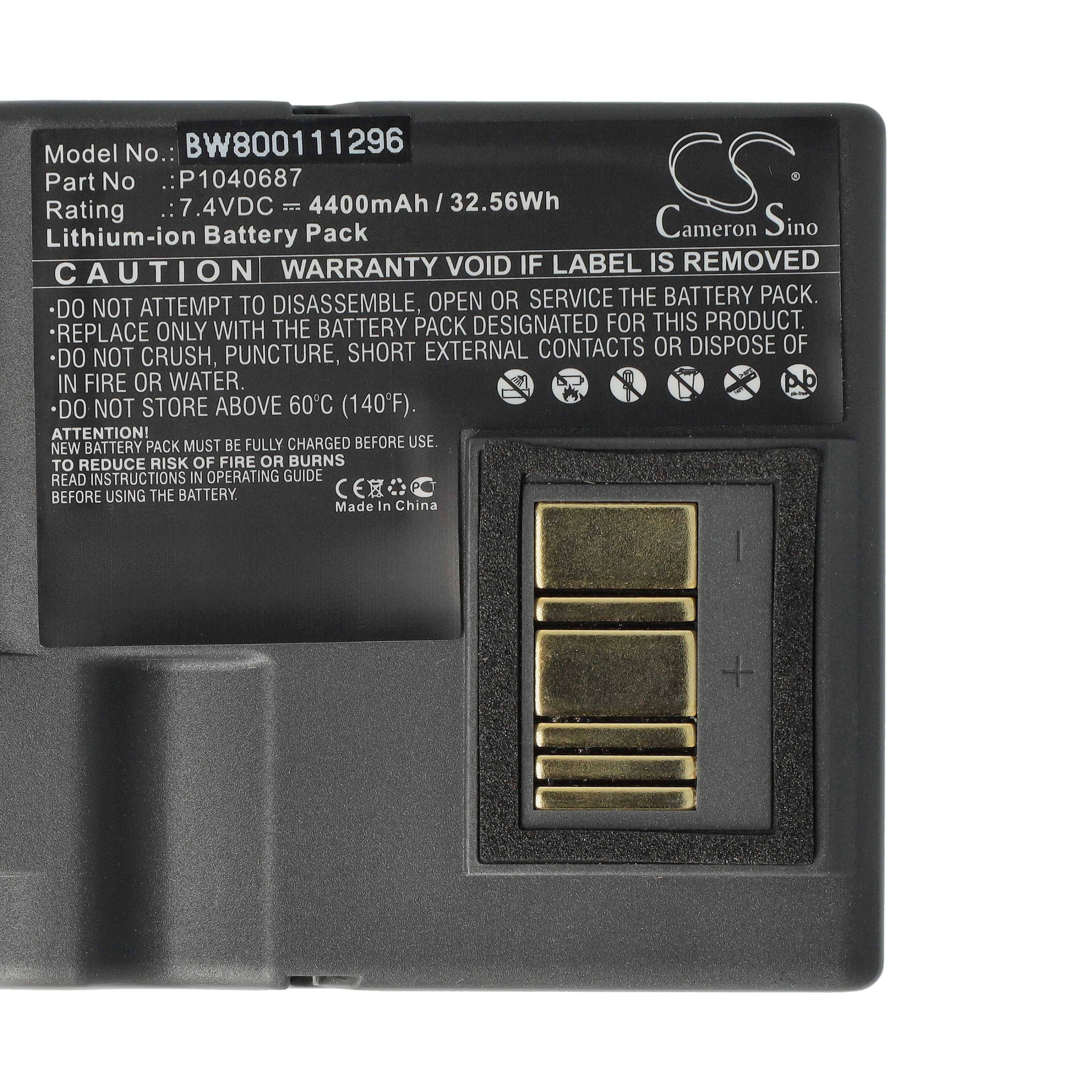 Akku mit Modellnummer BW80011296, 4400mAh, 7,4V. Enthält Warnung: 'Nicht zerdrücken, durchstechen, Außenkontakte kurzschließen oder in Feuer oder Wasser entsorgen.