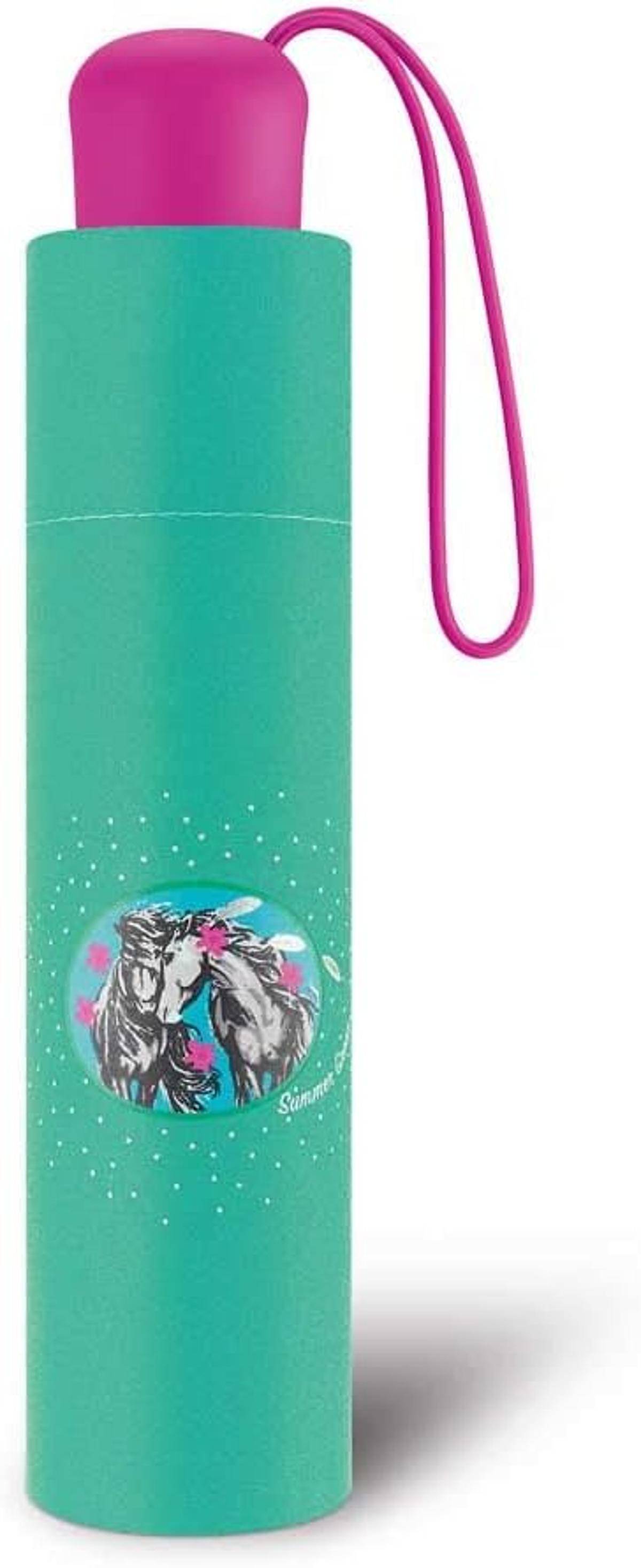 Zylindrischer türkisfarbener Behälter mit zwei illustrierten Pferden in Rosa und Weiß; eine rosa Schlaufe ist oben angebracht.