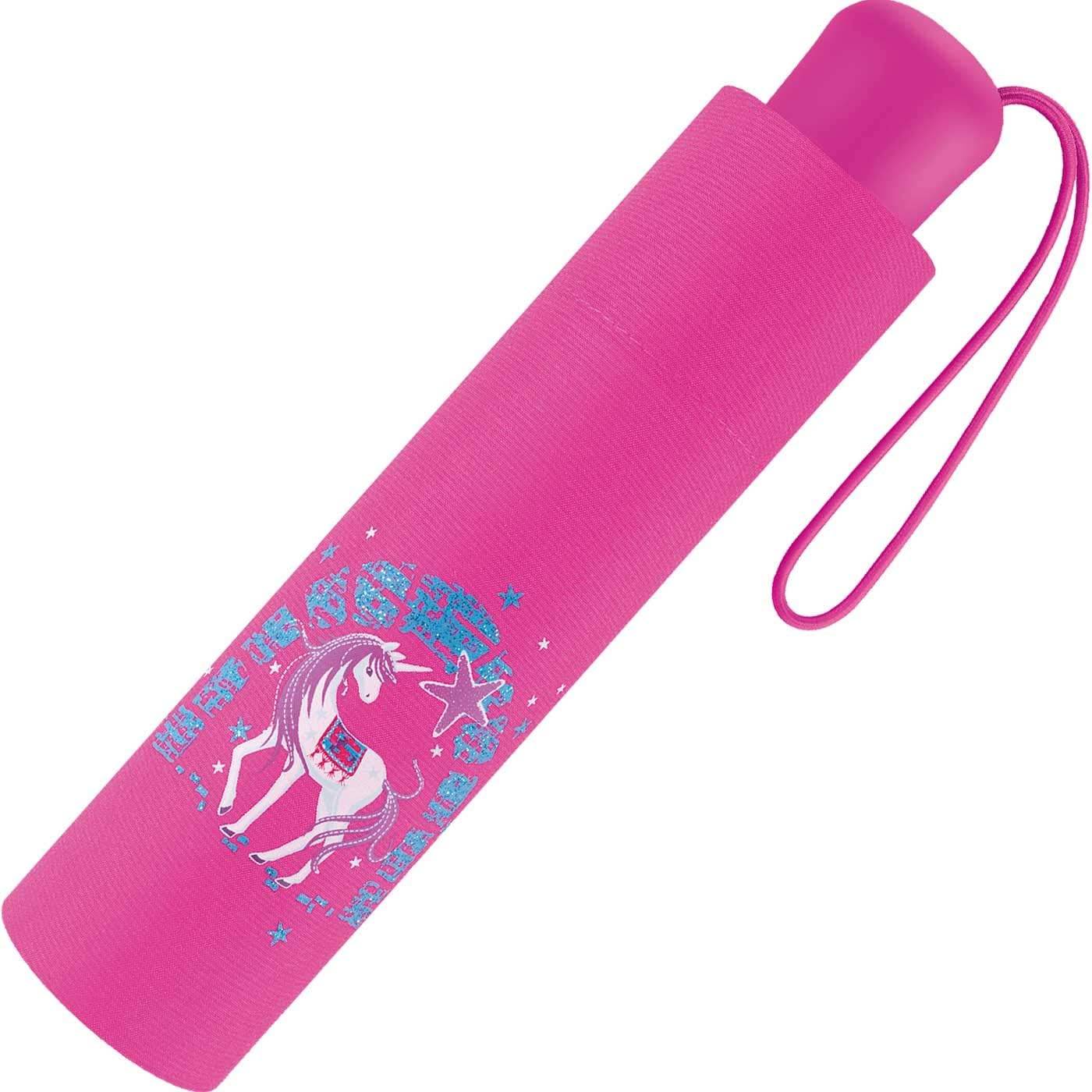 Eine rosa zylindrische Umschlaghülle mit einem Einhorn- und Sternendesign, auf deren Seite der Text 'Happy' steht.