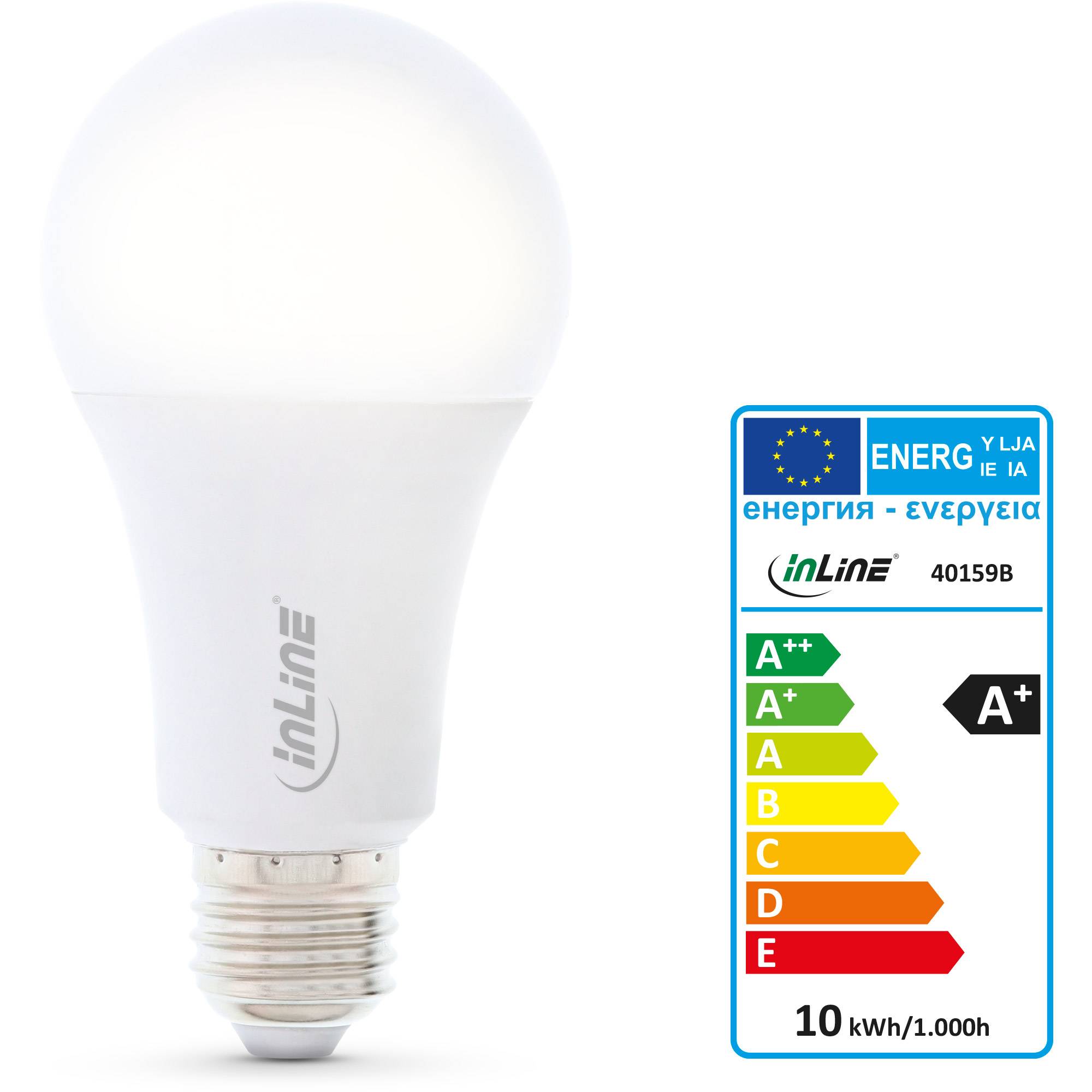 Weiße LED-Glühbirne mit EU-Energieetikett, das die Effizienzklasse A+ und einen Verbrauch von 10 kWh/1.000h anzeigt.