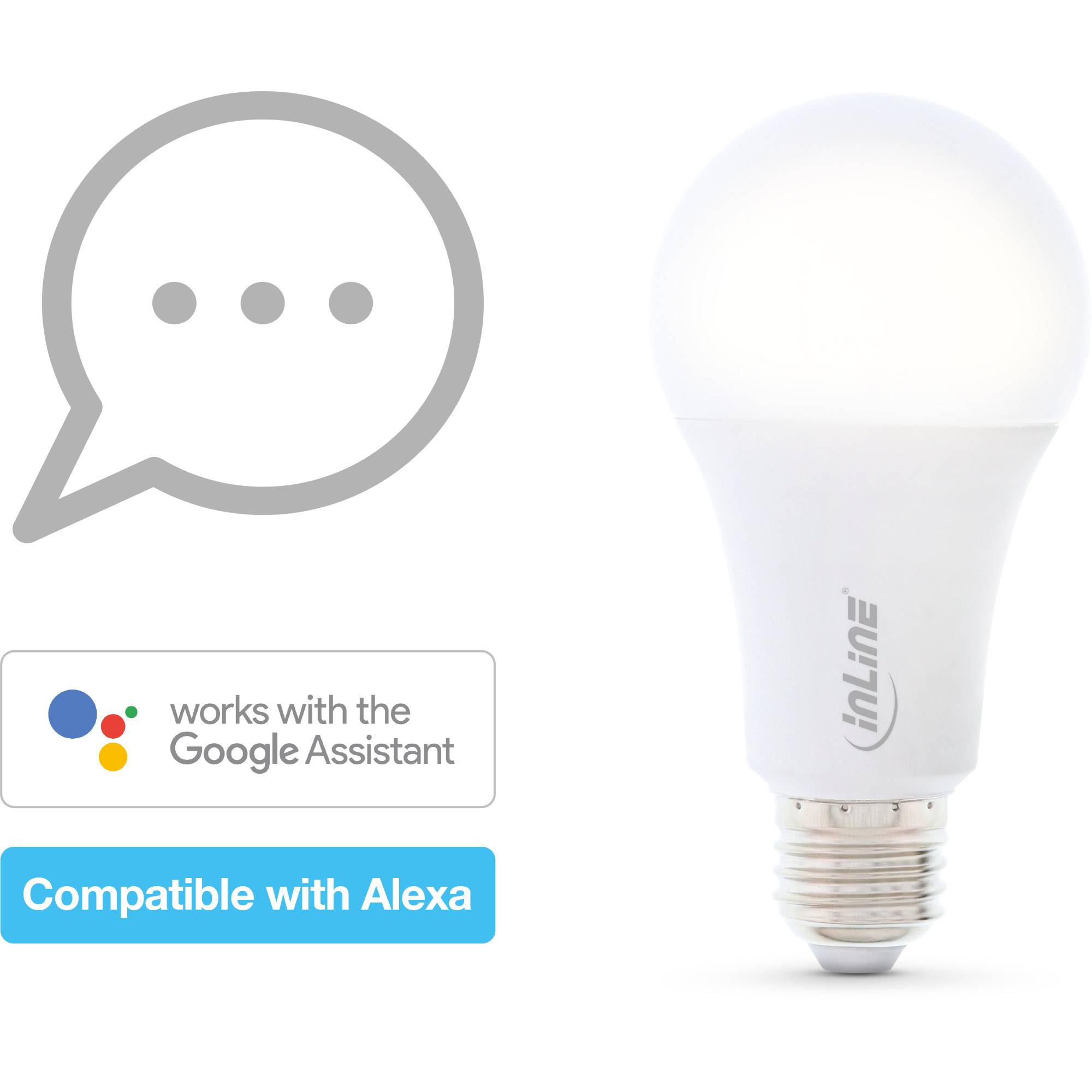 Intelligente Glühbirne mit Voice-Assistant-Kompatibilitätssymbolen und Text, die besagt 