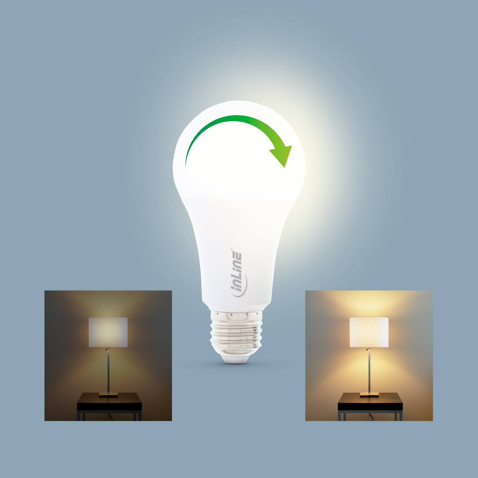 Illustration einer leuchtenden Glühbirne mit einem grünen Kreispfeil, der Energieeffizienz oder Recycling andeutet, mit zwei kleinen Lampenvergleichsbildern darunter.