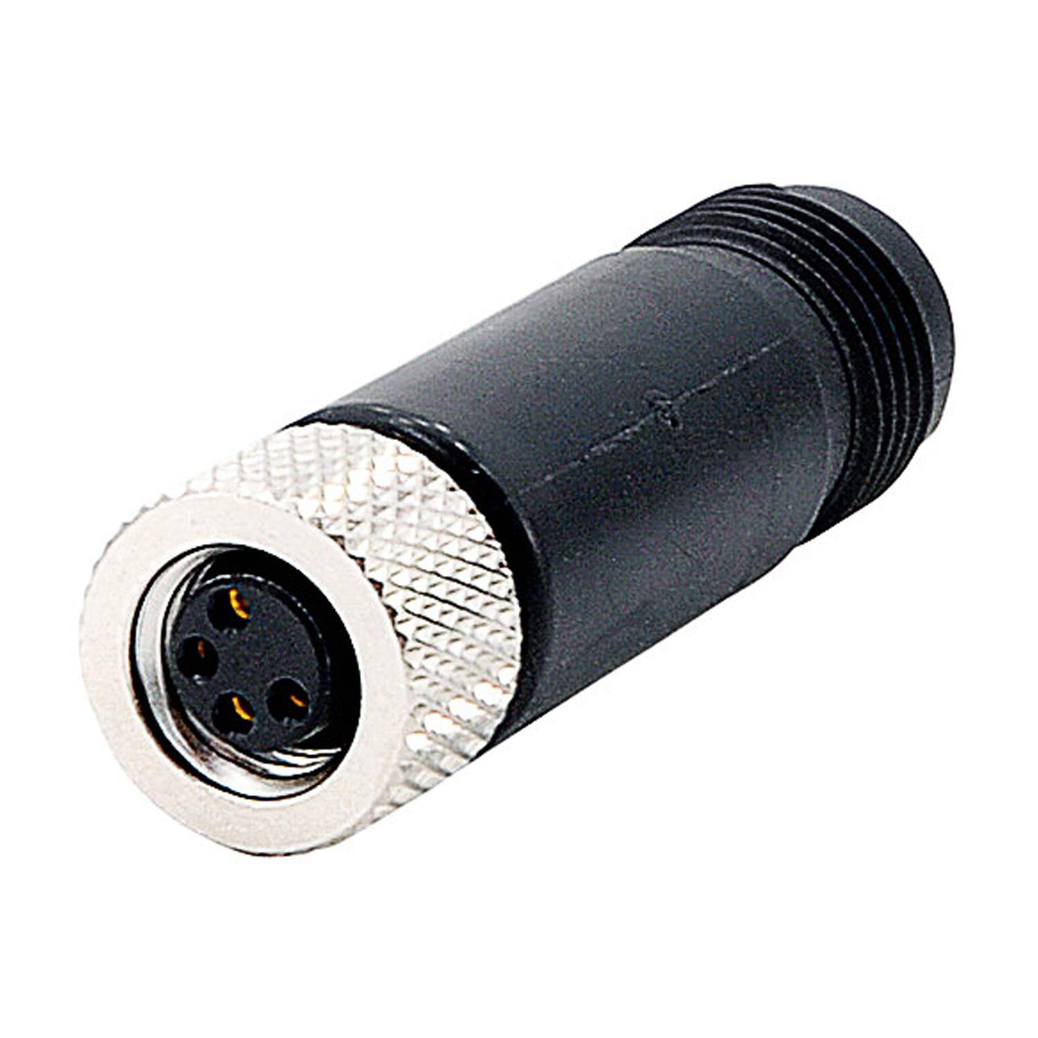 Ein 4-poliger Rundsteckverbinder mit schwarzem Gehäuse und silbernem Metallring, der für sichere elektrische Verbindungen in verschiedenen Geräten verwendet wird.