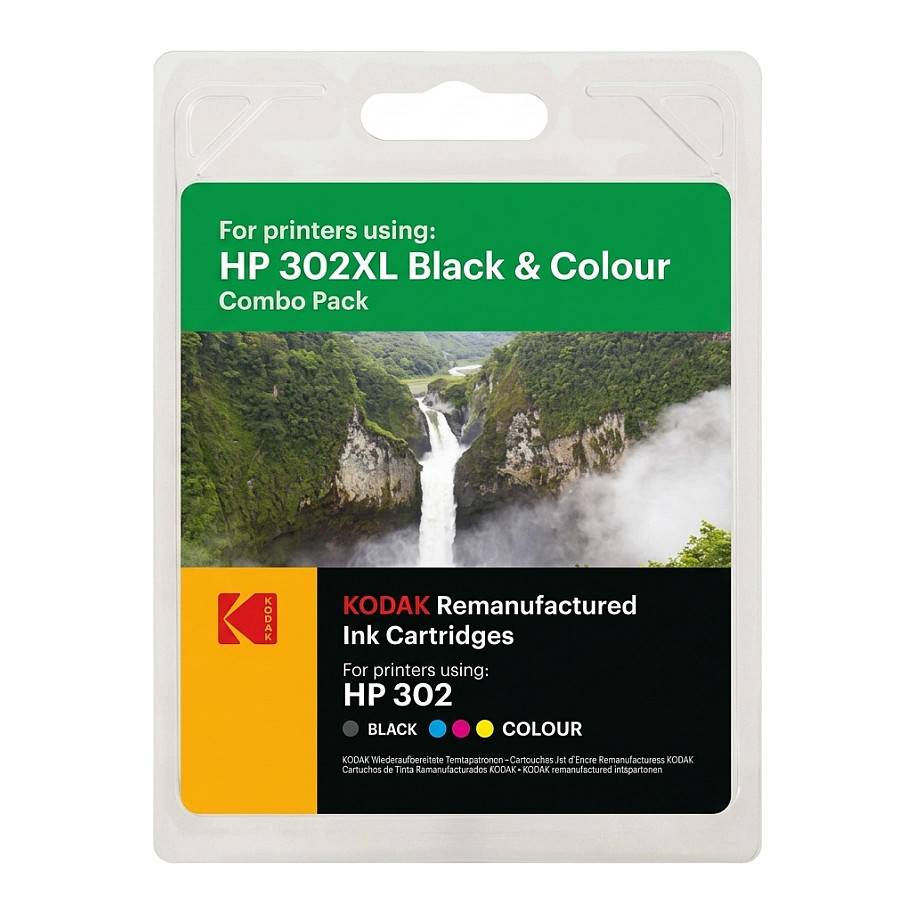 Paket mit Kodak aufbereiteten Tintenpatronen für HP 302-Drucker, mit der Bezeichnung „HP 302XL Black & Colour Combo Pack